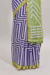 Violet geometric design linen cotton saree with contrast zari border and pallu