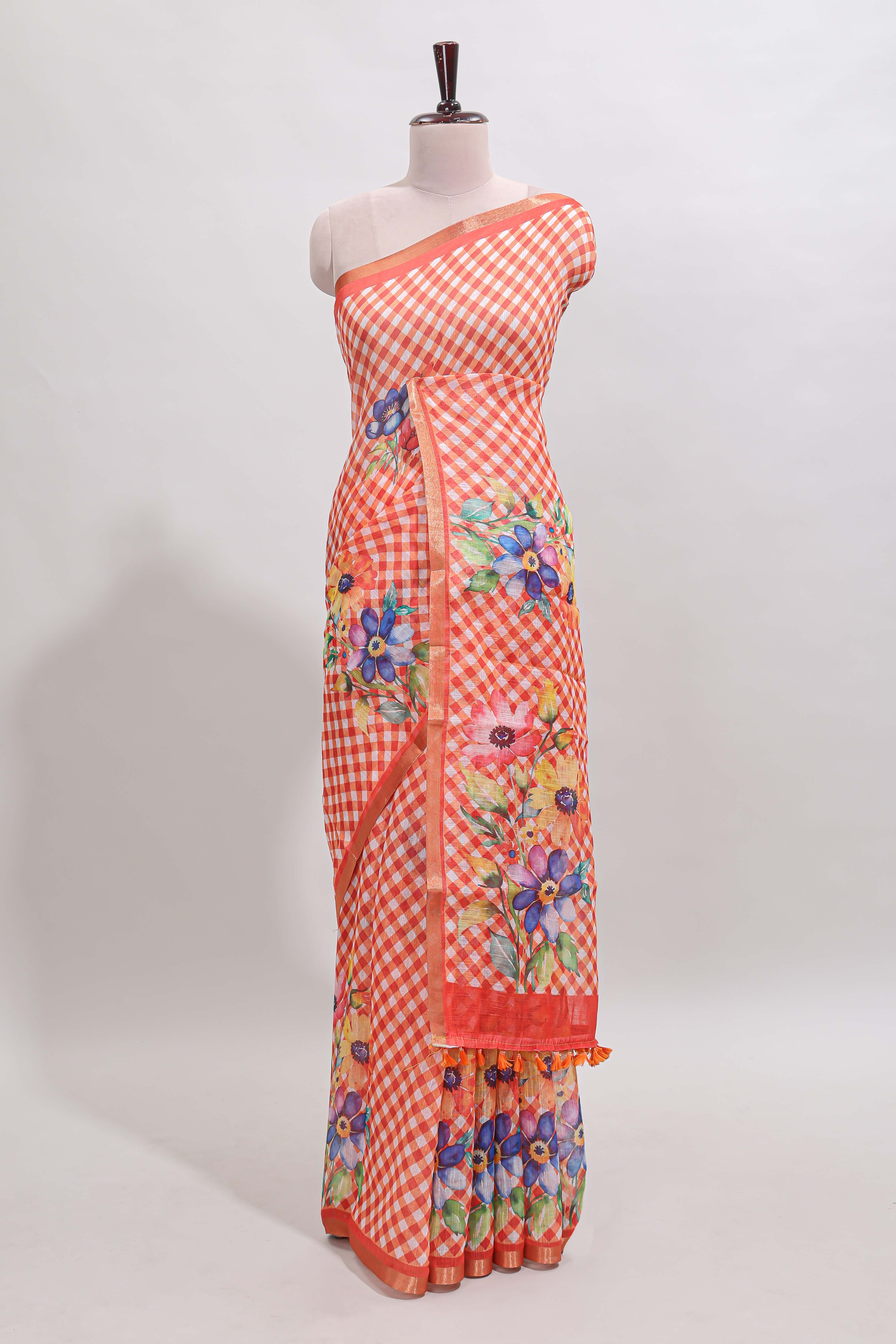 Orange checked floral design linen cotton saree with self zari border and matching blouse