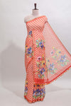 Orange checked floral design linen cotton saree with self zari border and matching blouse