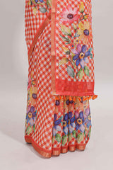 Orange checked floral design linen cotton saree with self zari border and matching blouse