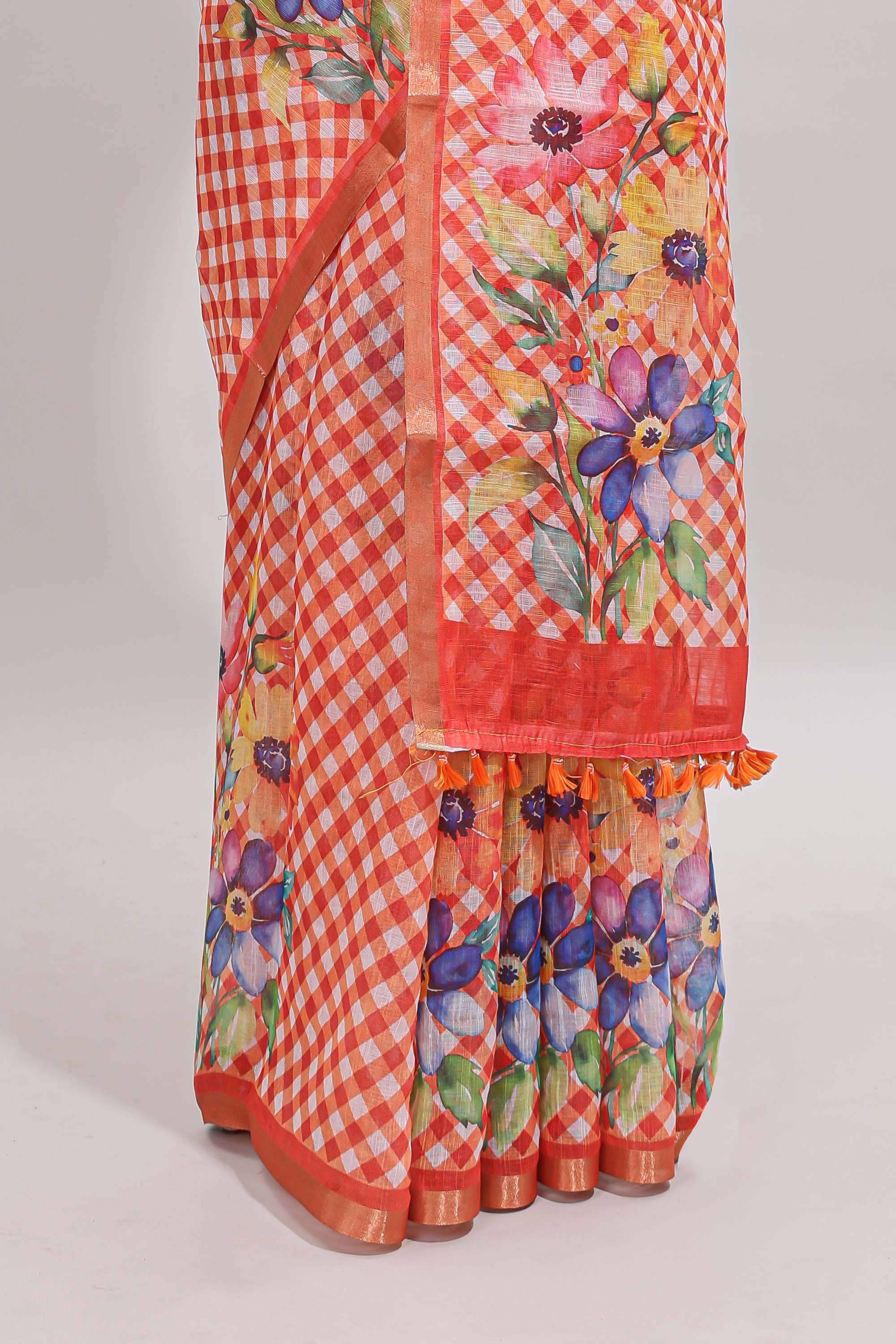 Orange checked floral design linen cotton saree with self zari border and matching blouse