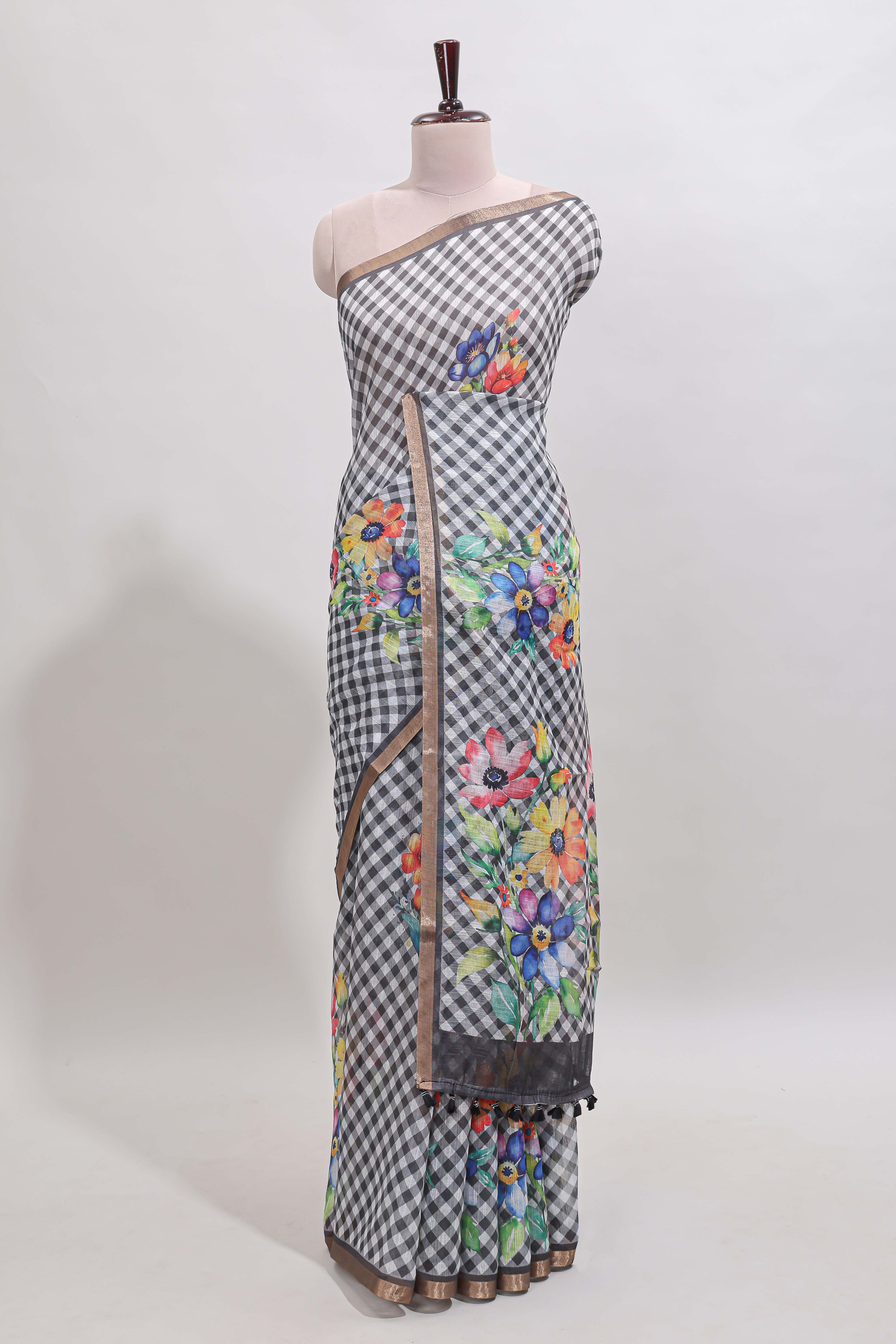 Grey checked floral design linen cotton saree with self zari border and matching blouse