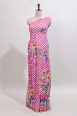 Pink checked floral design linen cotton saree with self zari border and matching blouse