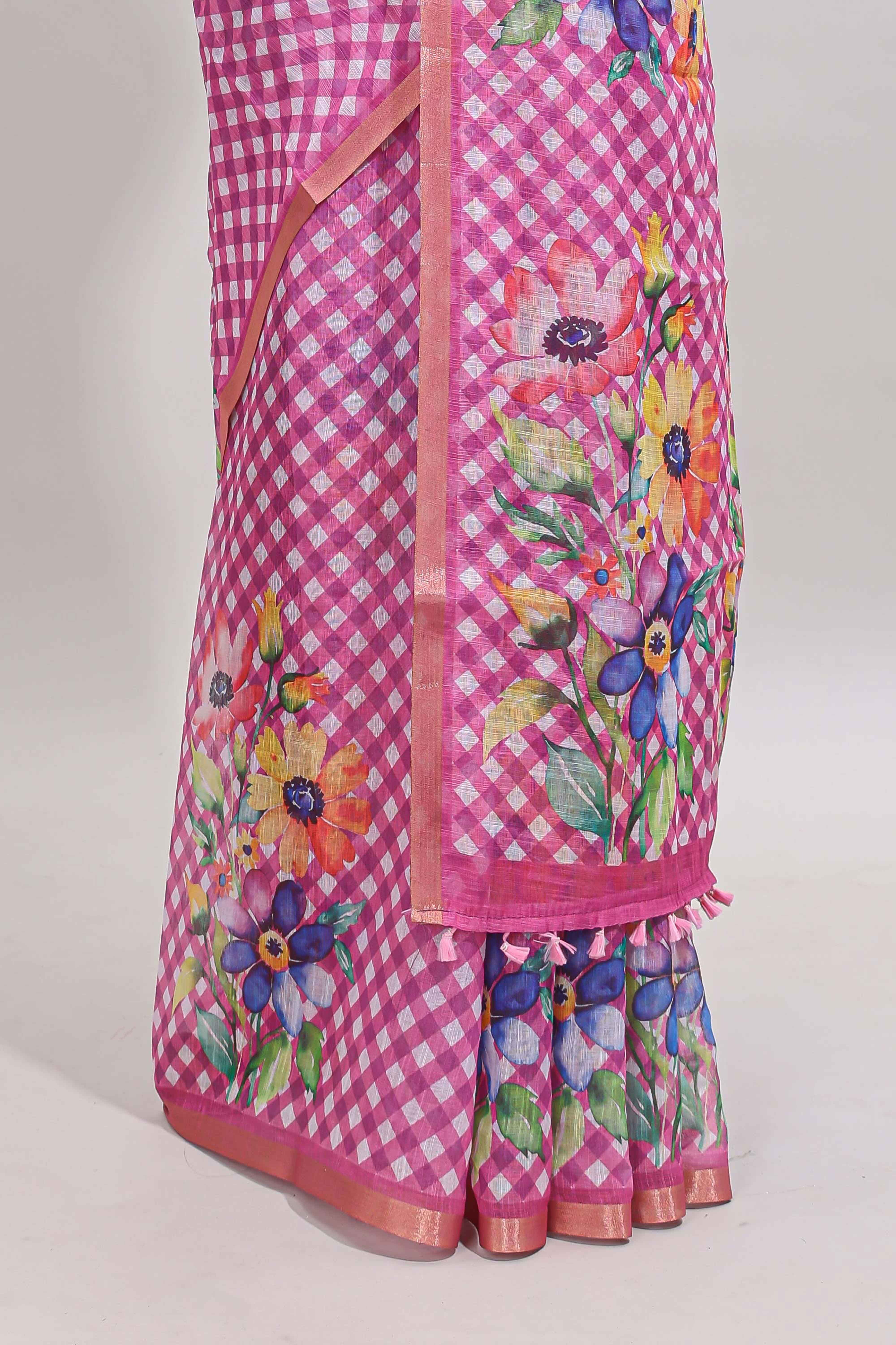 Pink checked floral design linen cotton saree with self zari border and matching blouse