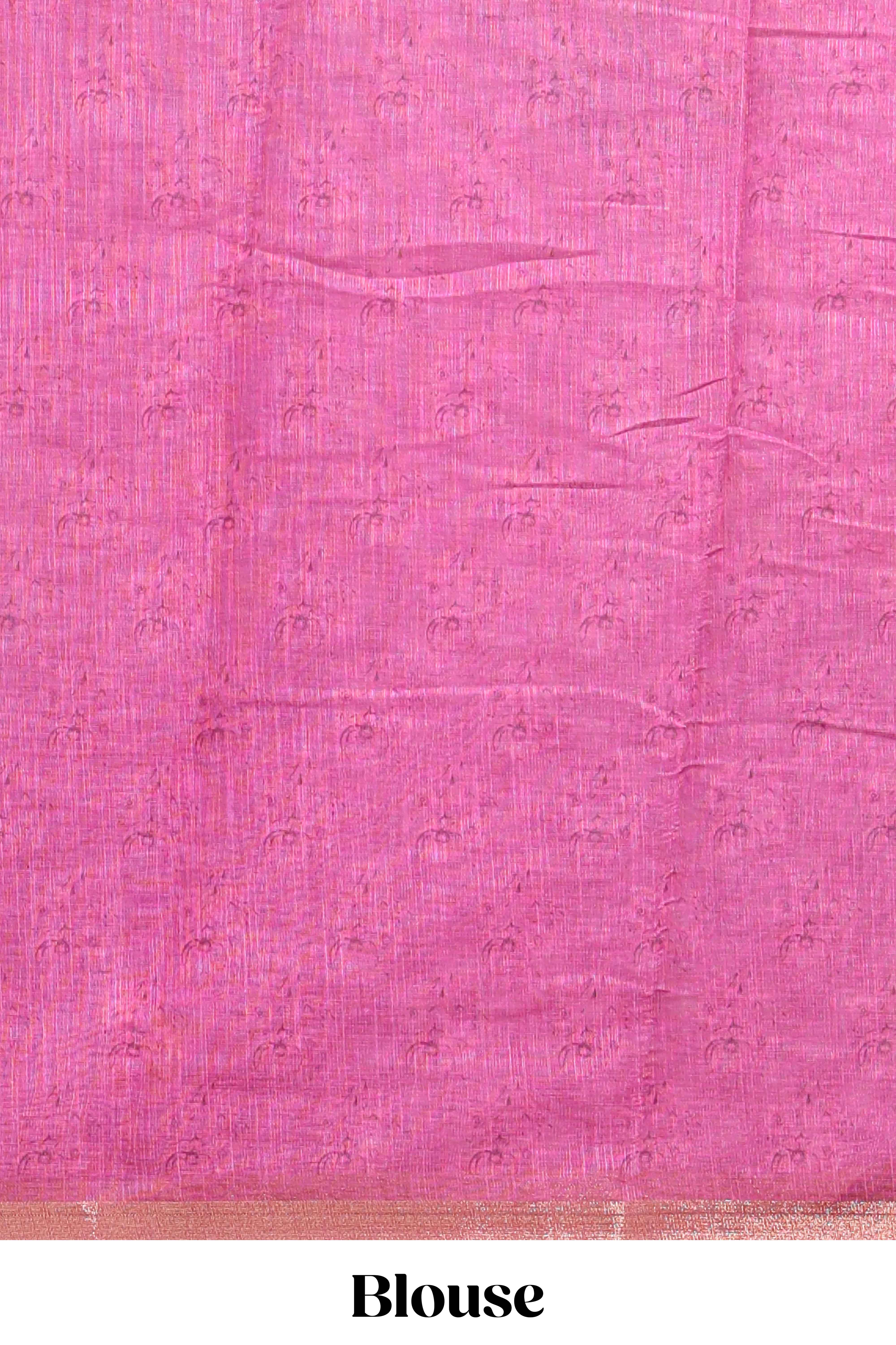 Pink checked floral design linen cotton saree with self zari border and matching blouse