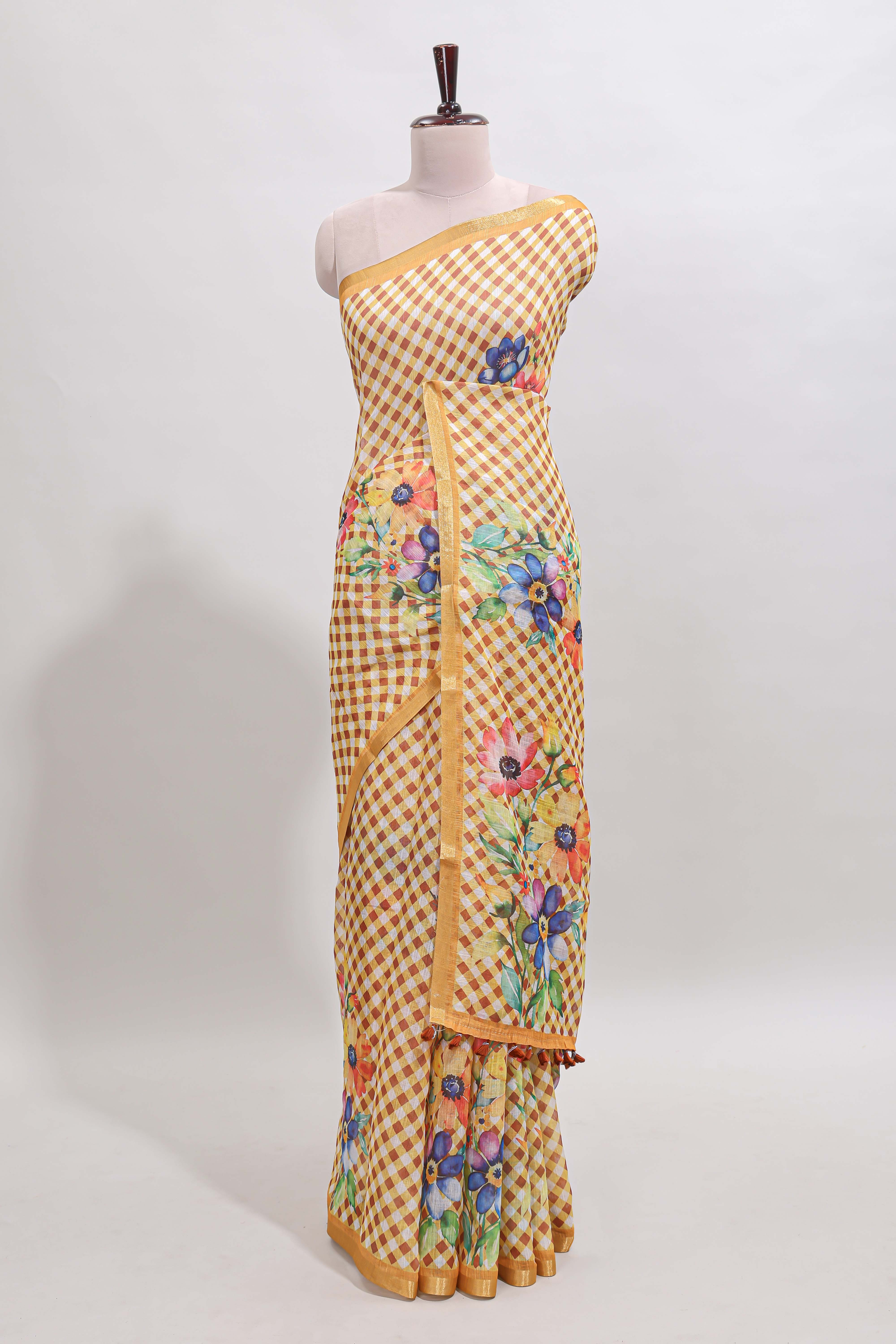 Yellow checked floral design linen cotton saree with self zari border and matching blouse