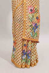 Yellow checked floral design linen cotton saree with self zari border and matching blouse