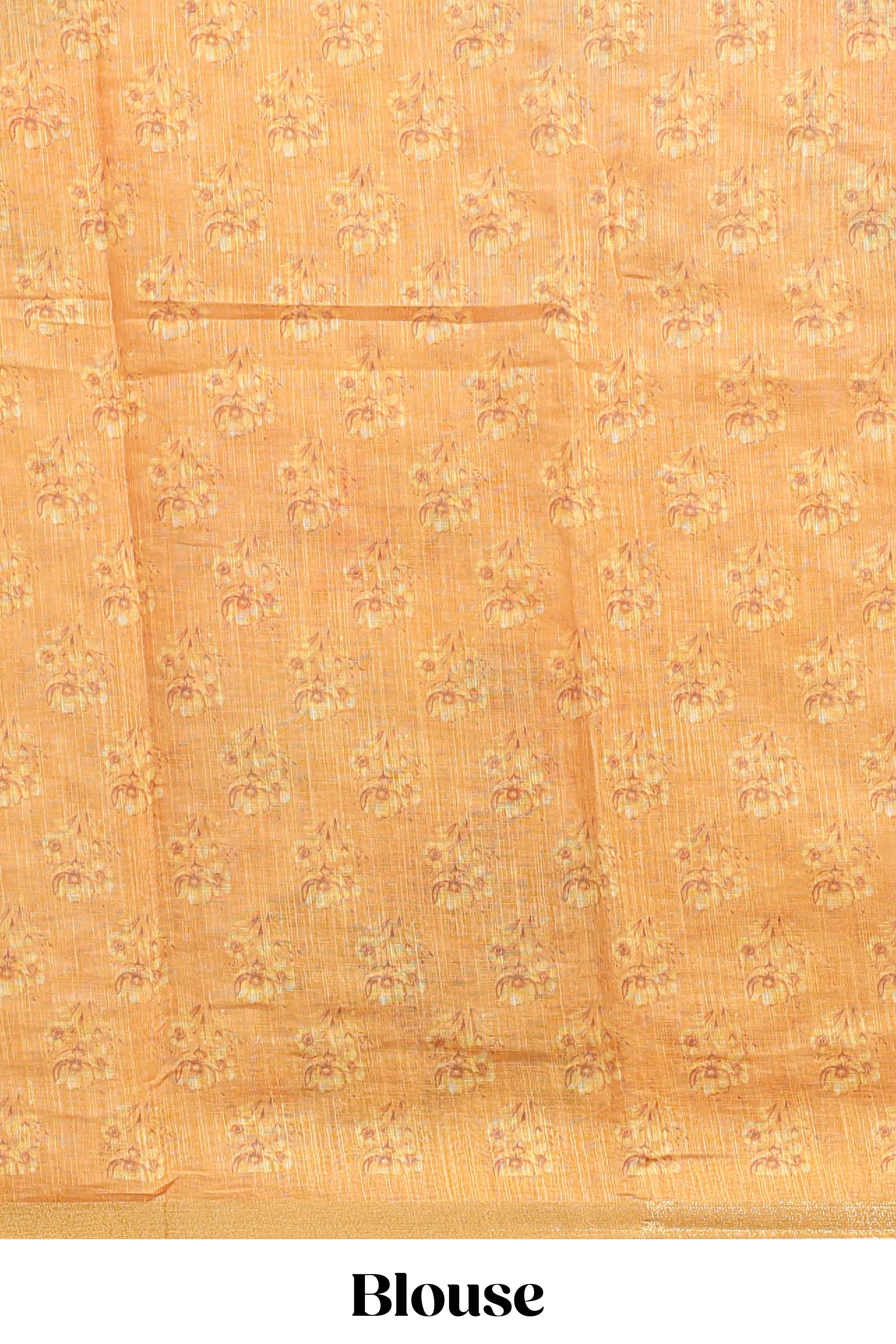 Yellow checked floral design linen cotton saree with self zari border and matching blouse