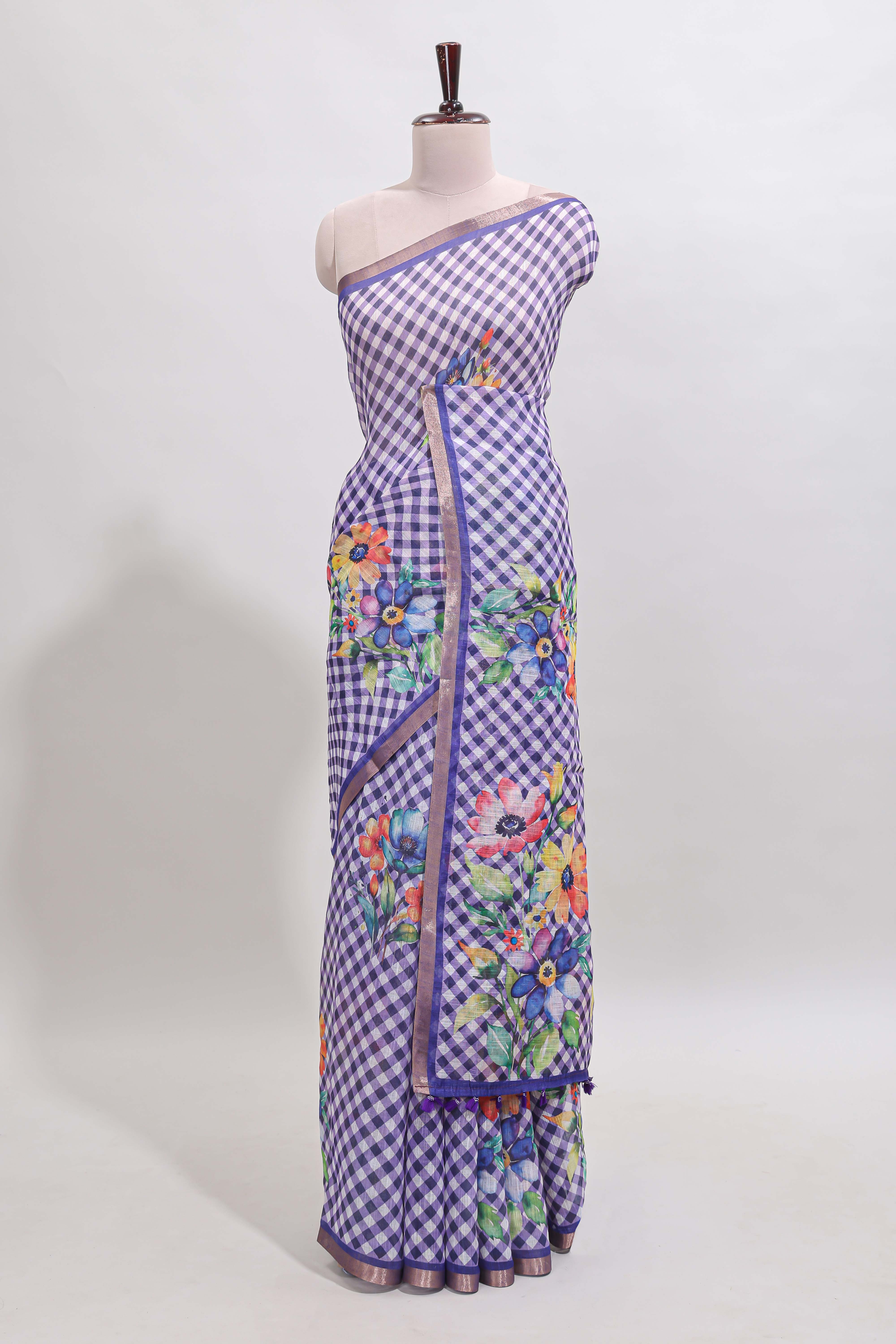Violet checked floral design linen cotton saree with self zari border and matching blouse