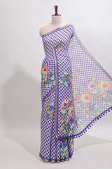 Violet checked floral design linen cotton saree with self zari border and matching blouse