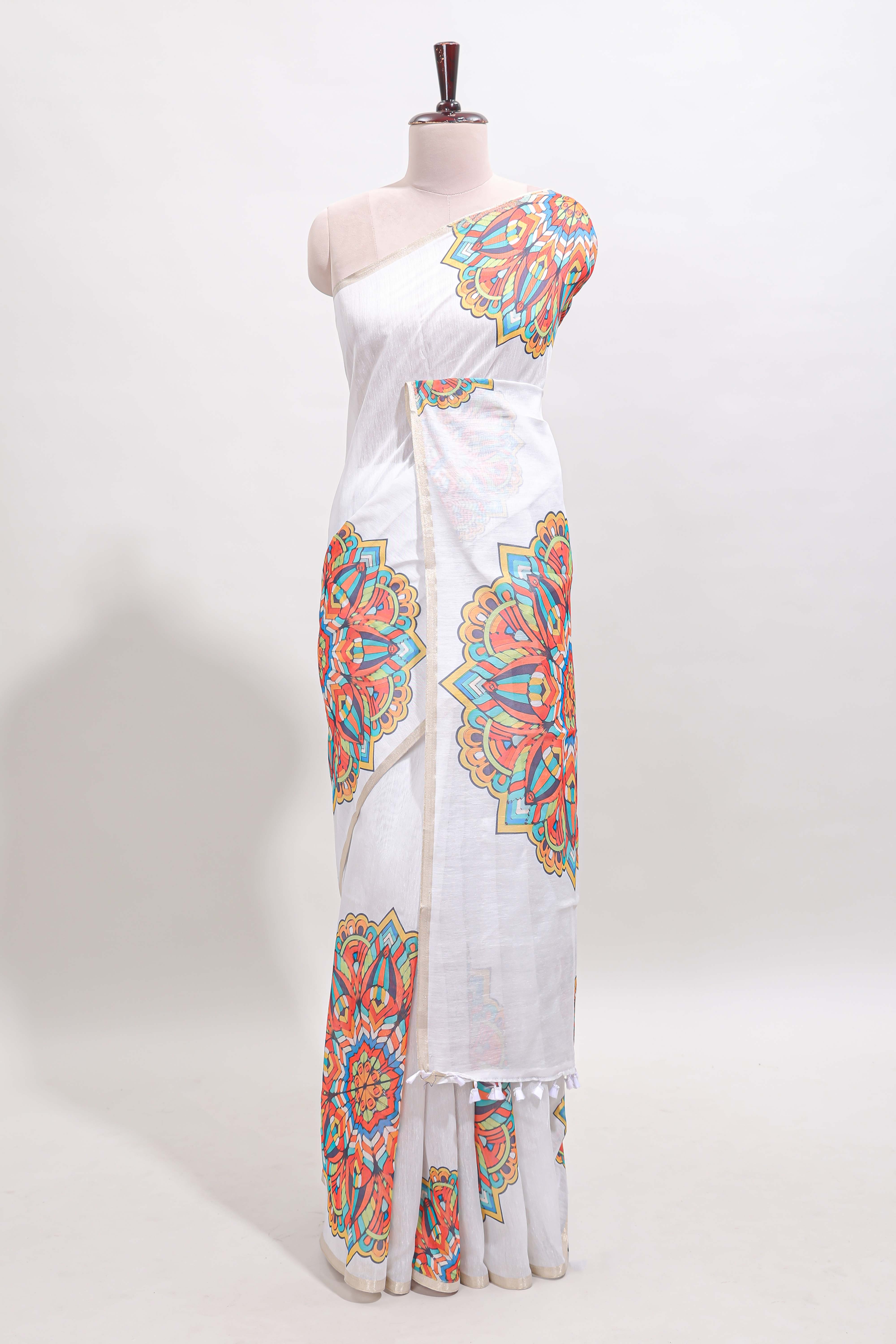 White mandala madhubani design linen cotton saree with self zari border and matching blouse