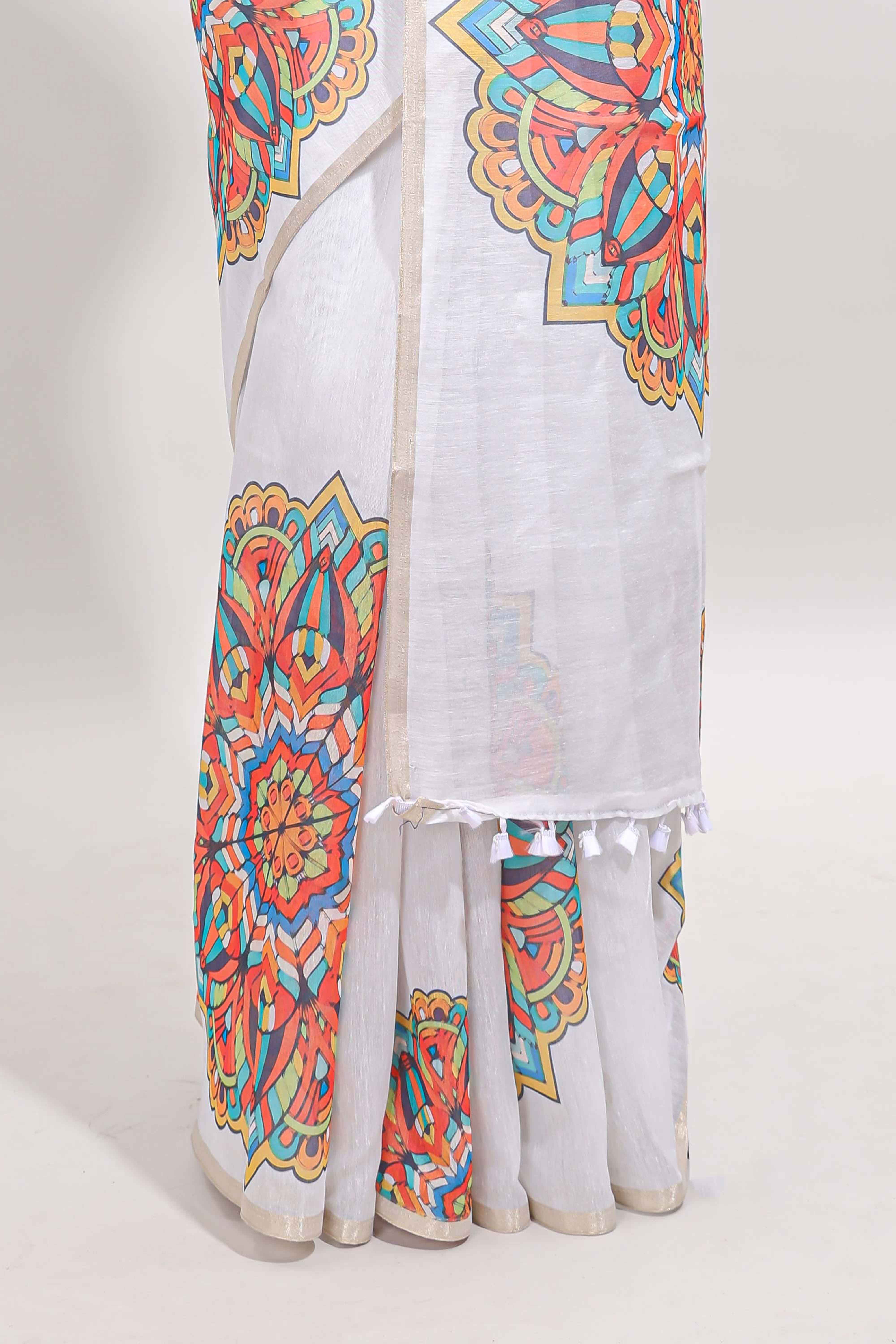 White mandala madhubani design linen cotton saree with self zari border and matching blouse