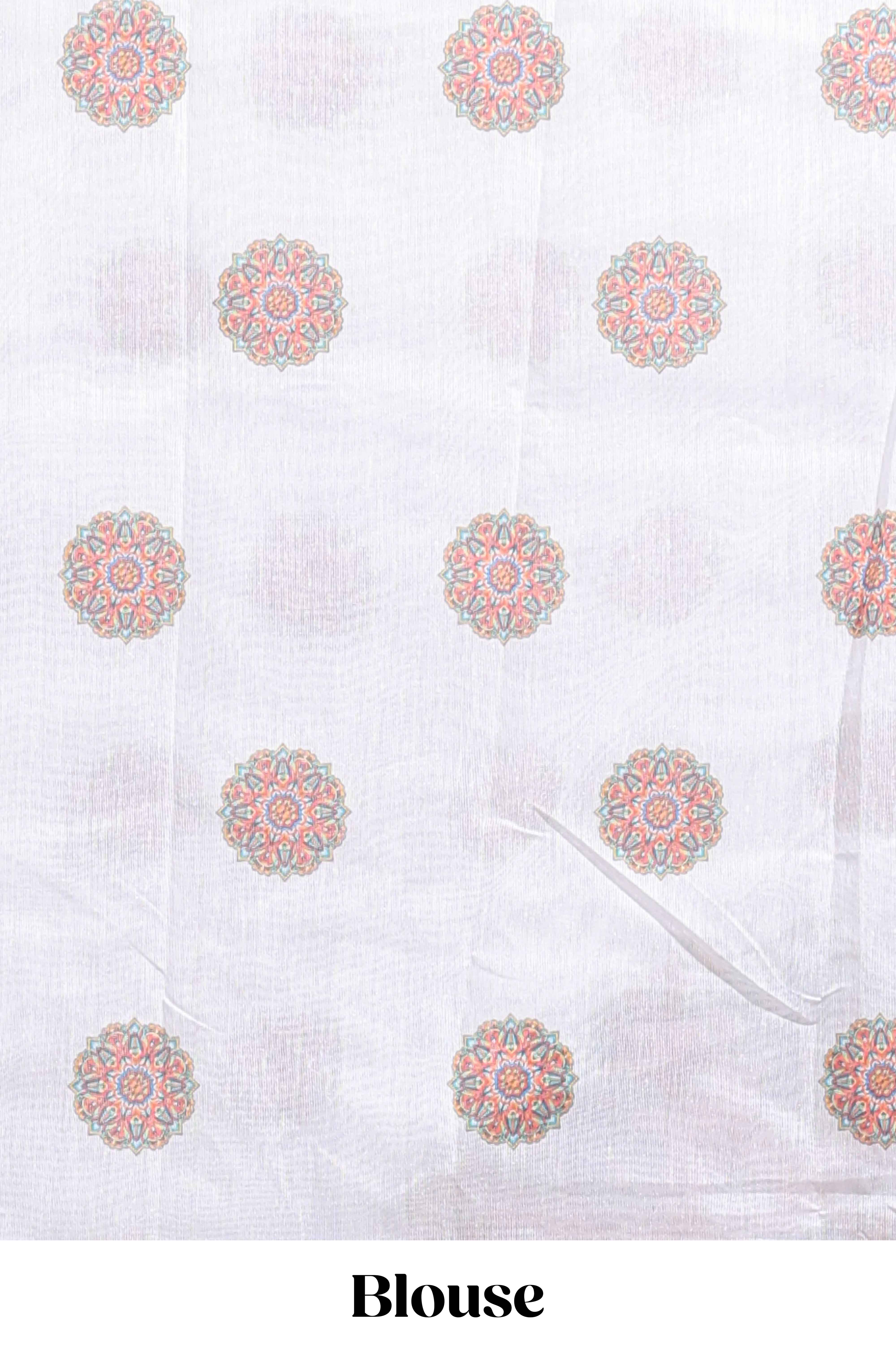 White mandala madhubani design linen cotton saree with self zari border and matching blouse