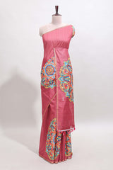 Onion pink mandala madhubani design linen cotton saree with self zari border and matching blouse