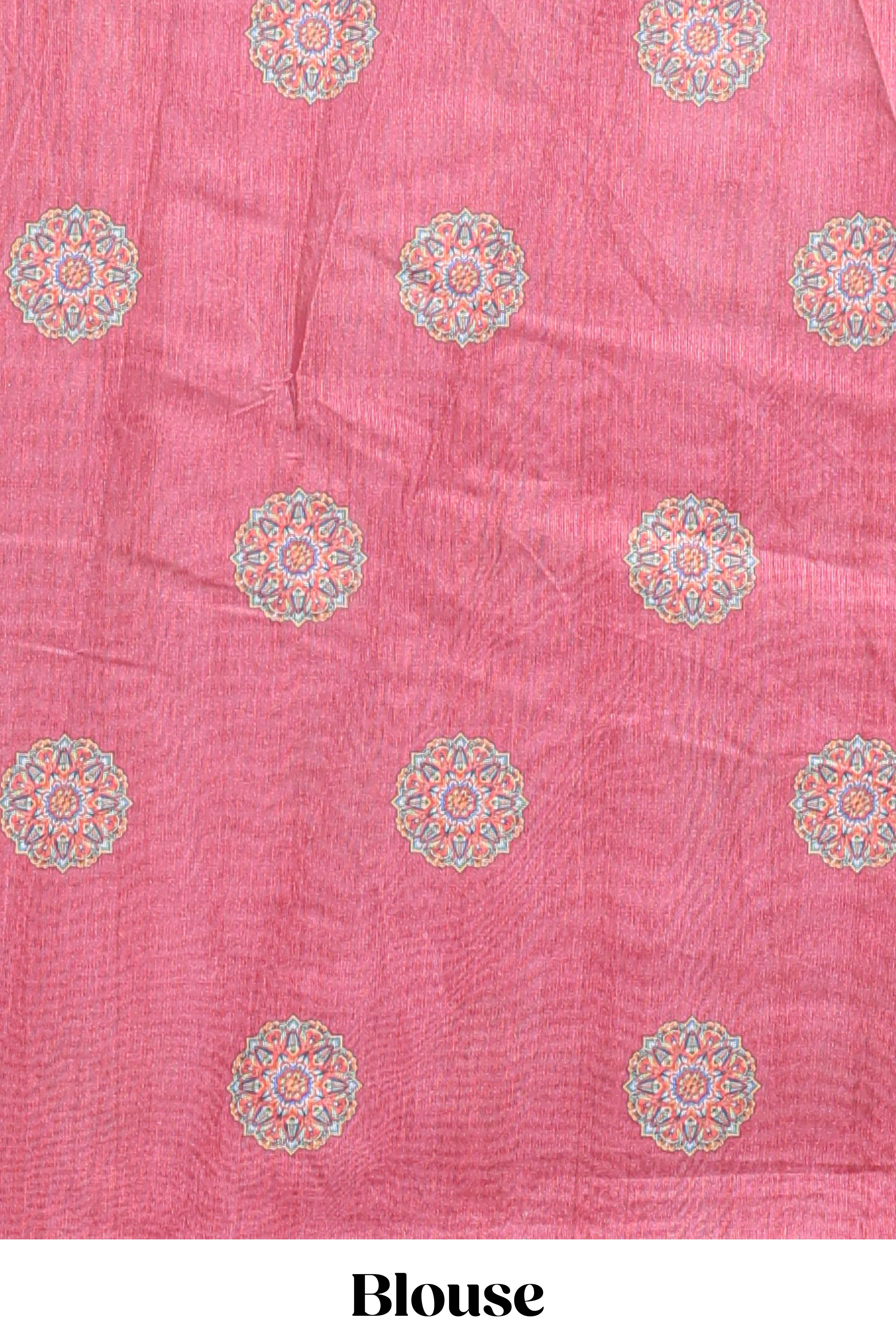 Onion pink mandala madhubani design linen cotton saree with self zari border and matching blouse