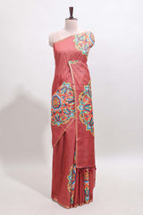 Peach mandala madhubani design linen cotton saree with self zari border and matching blouse