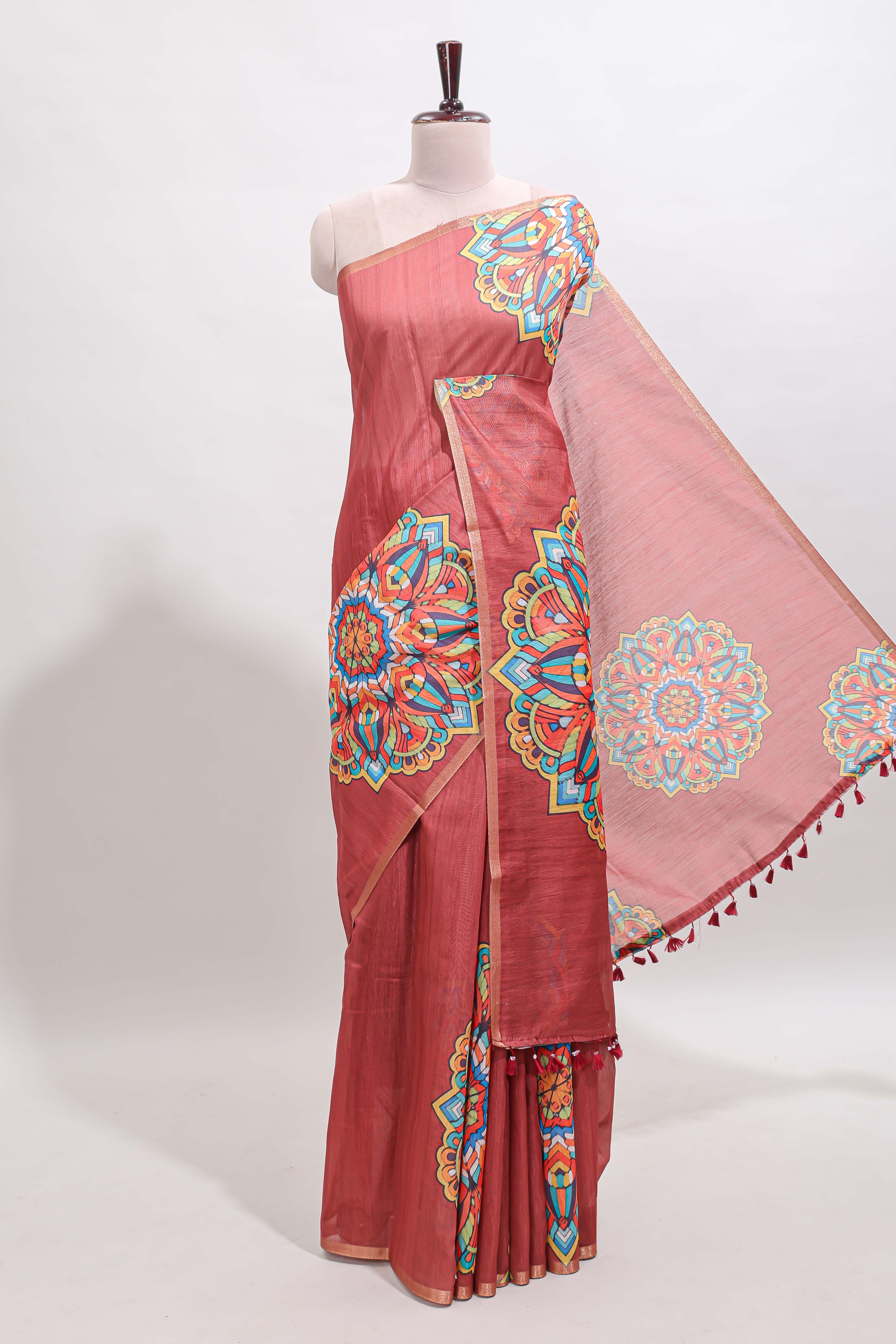Peach mandala madhubani design linen cotton saree with self zari border and matching blouse