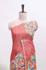 Peach mandala madhubani design linen cotton saree with self zari border and matching blouse