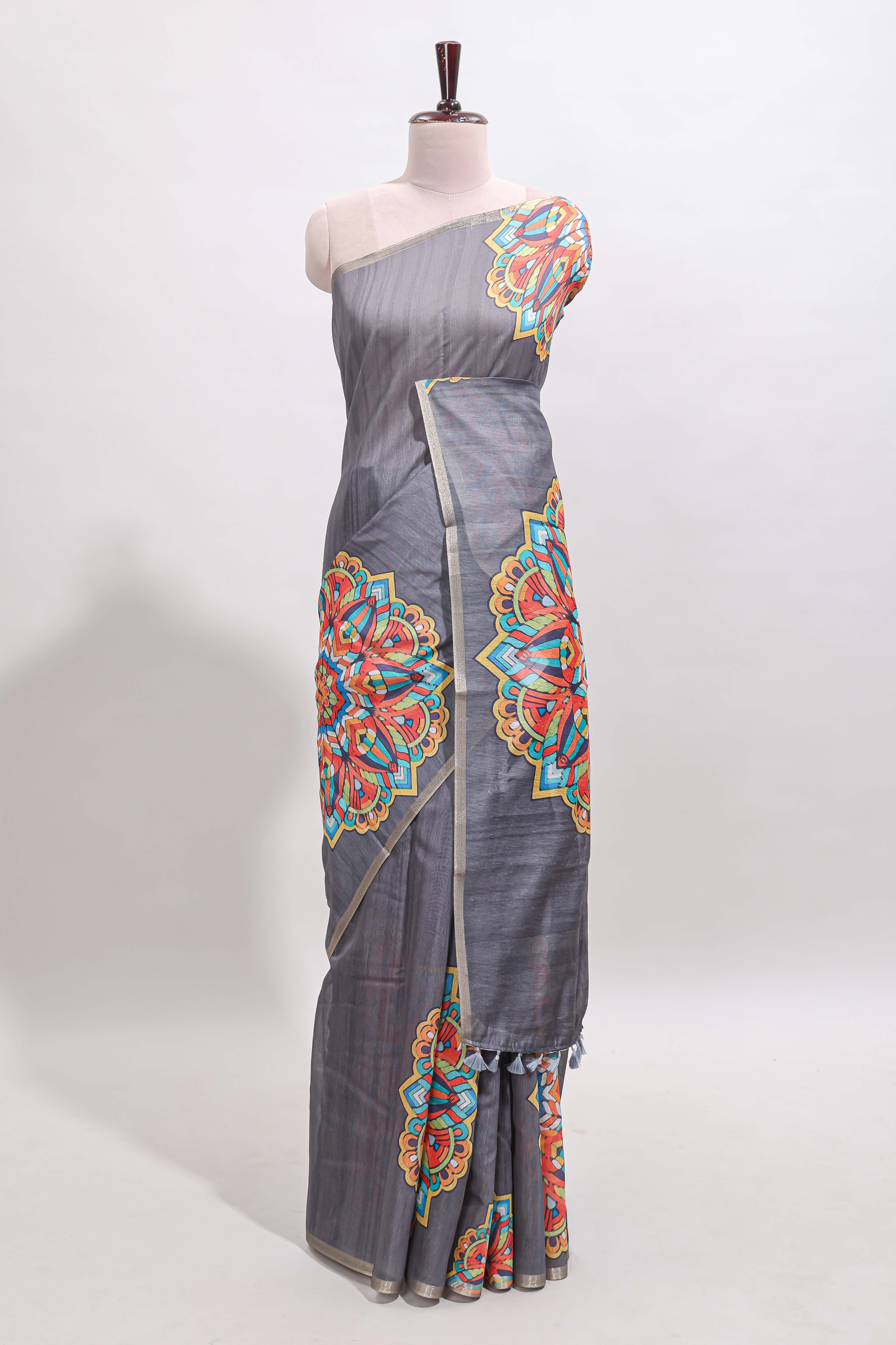 Grey mandala madhubani design linen cotton saree with self zari border and matching blouse