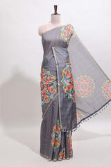 Grey mandala madhubani design linen cotton saree with self zari border and matching blouse