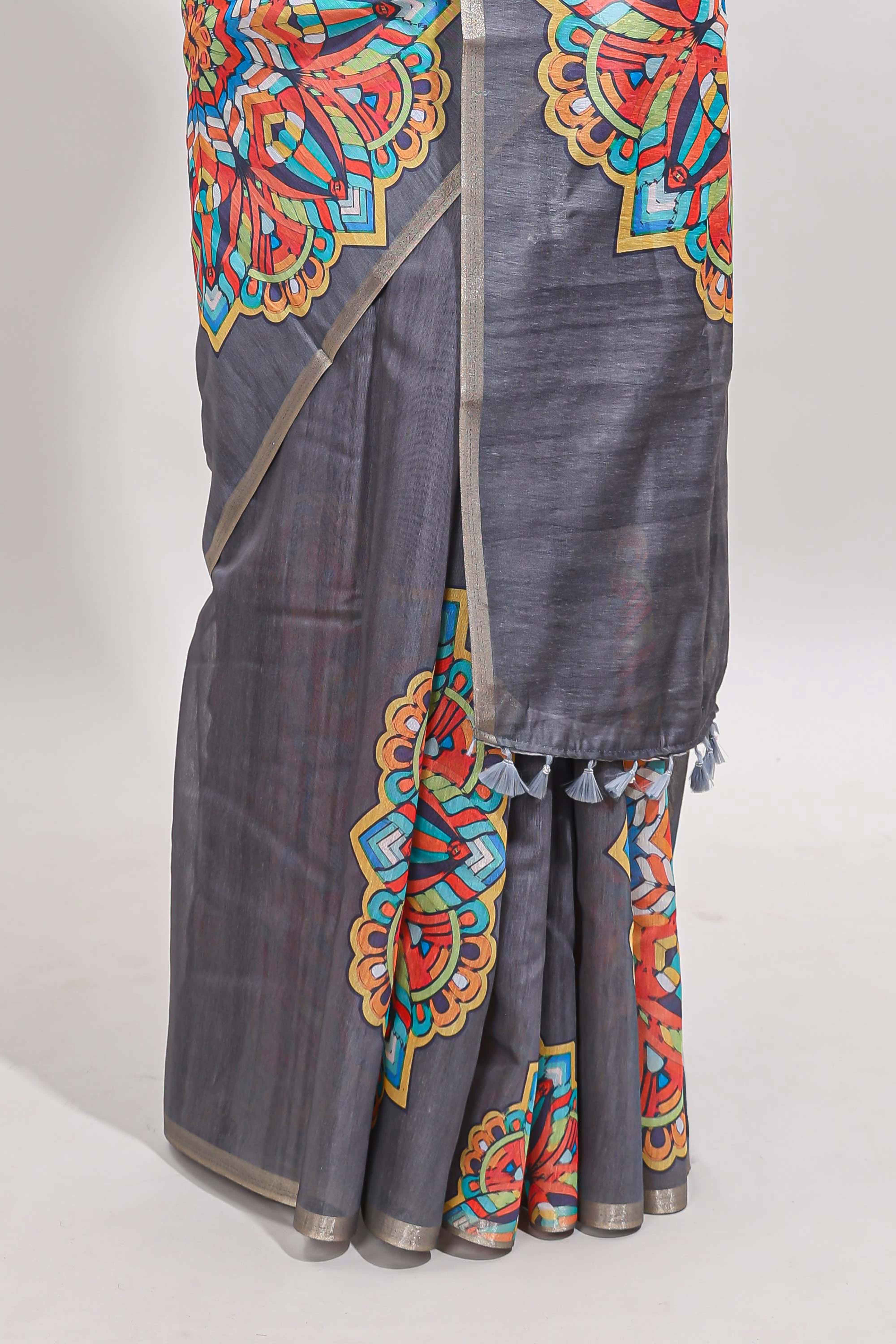 Grey mandala madhubani design linen cotton saree with self zari border and matching blouse