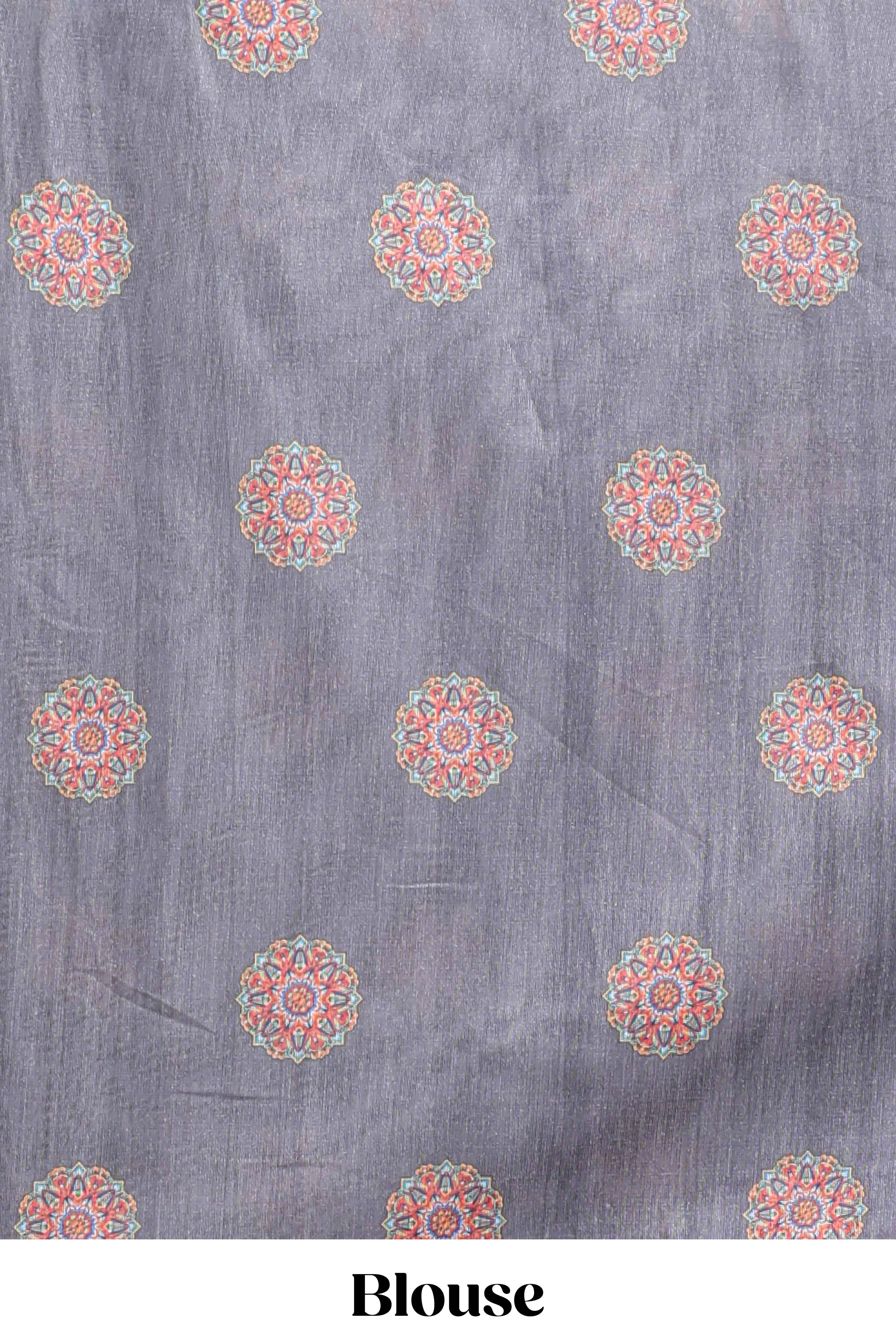 Grey mandala madhubani design linen cotton saree with self zari border and matching blouse