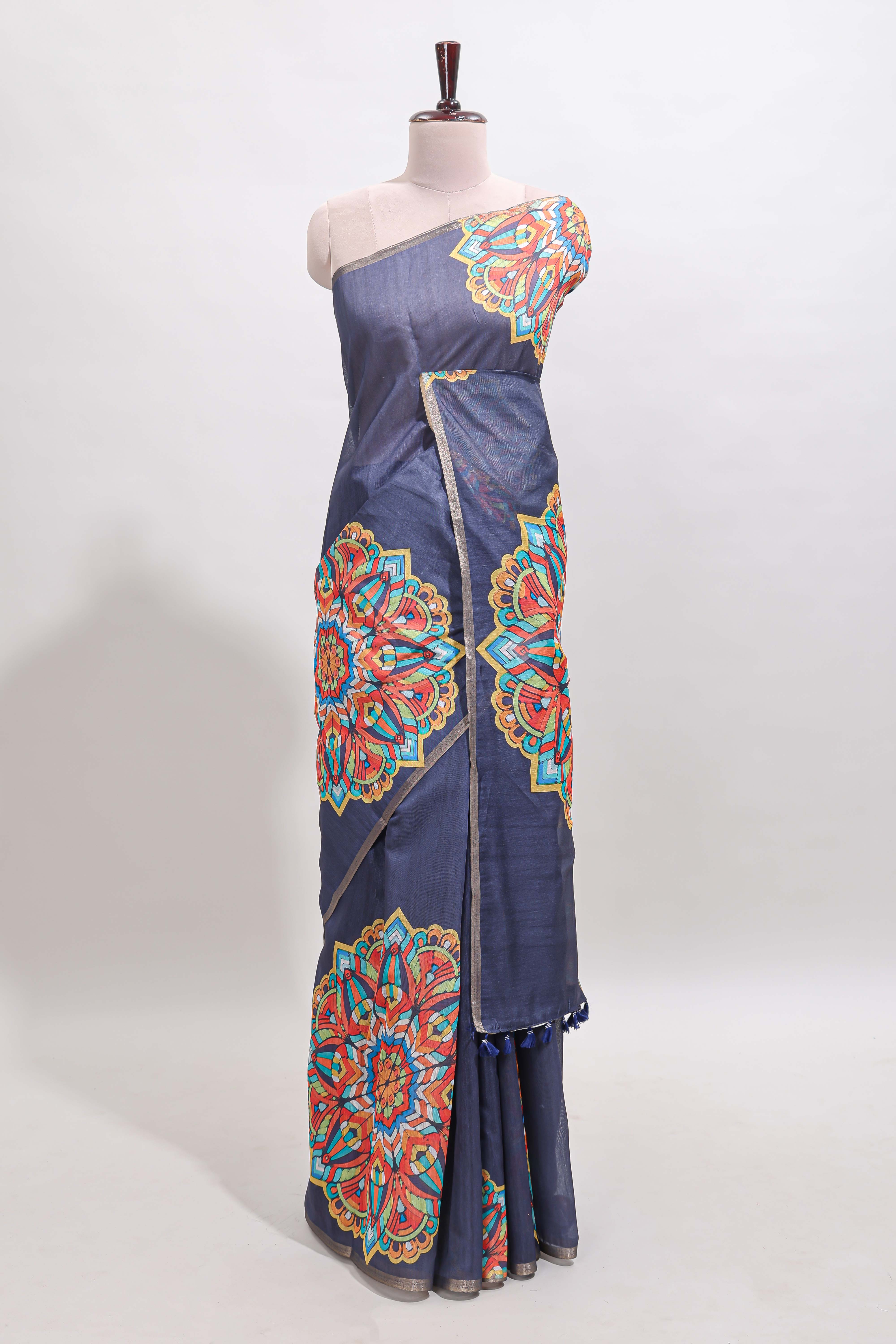 Dark blue mandala madhubani design linen cotton saree with self zari border and matching blouse