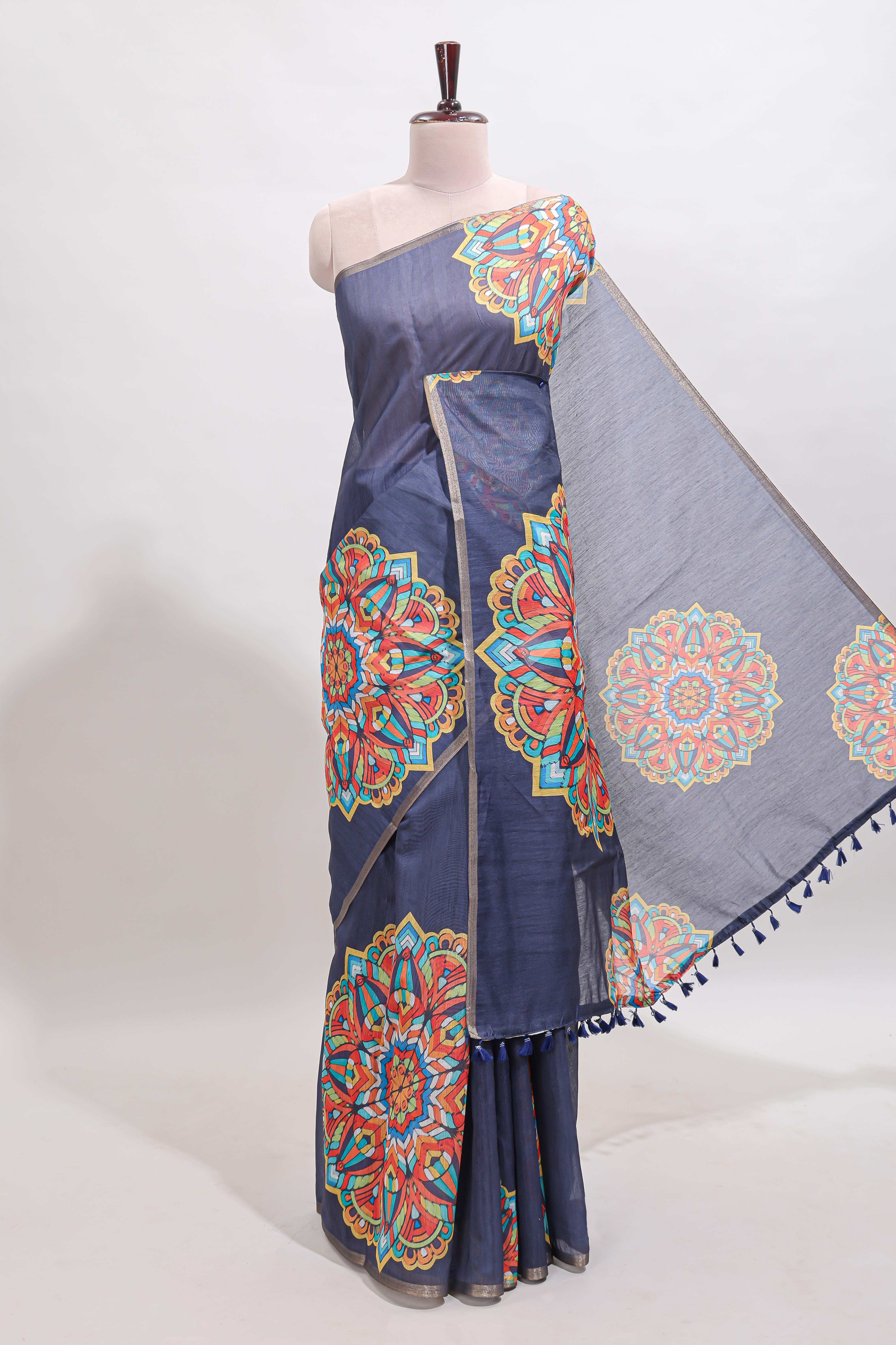 Dark blue mandala madhubani design linen cotton saree with self zari border and matching blouse