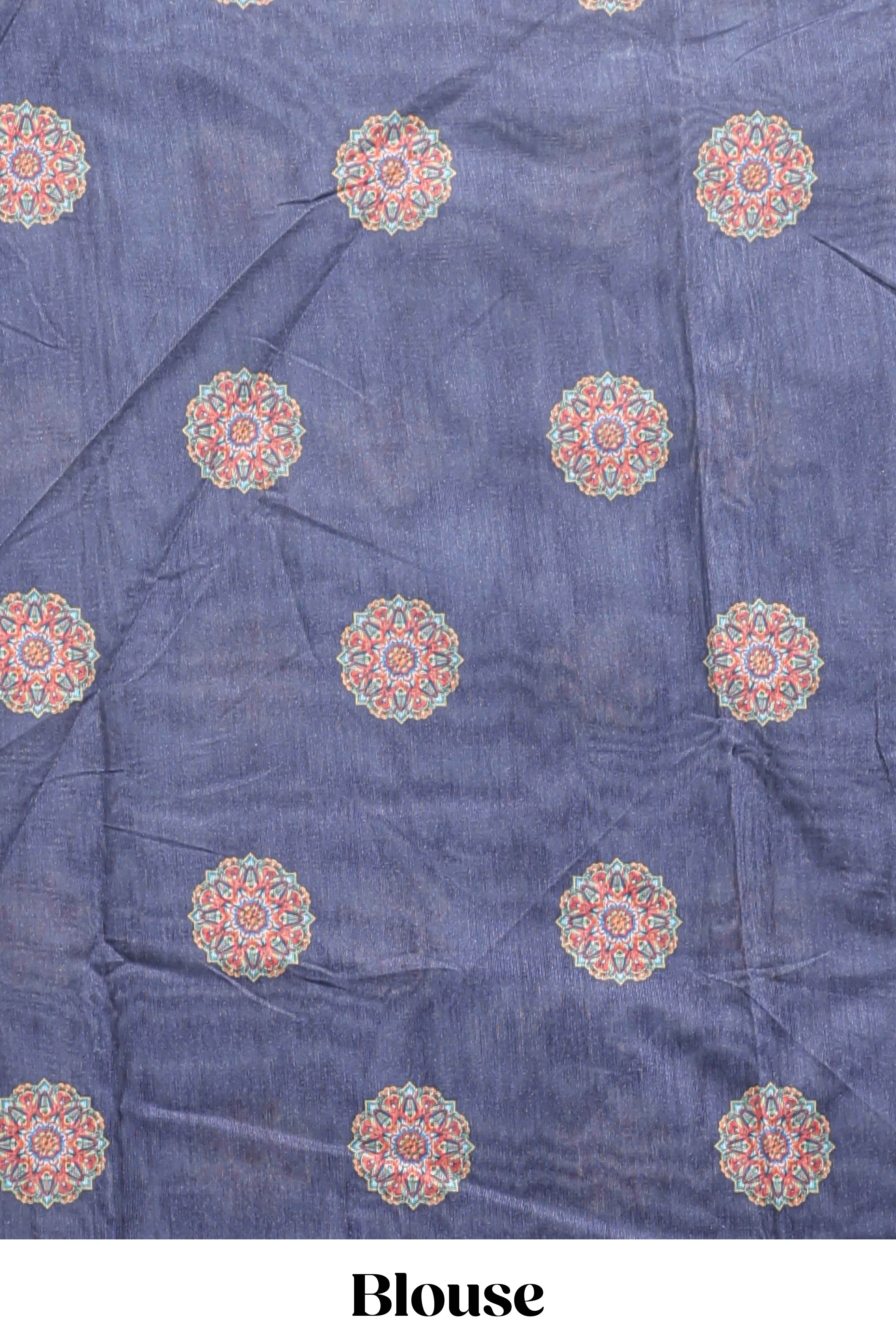 Dark blue mandala madhubani design linen cotton saree with self zari border and matching blouse