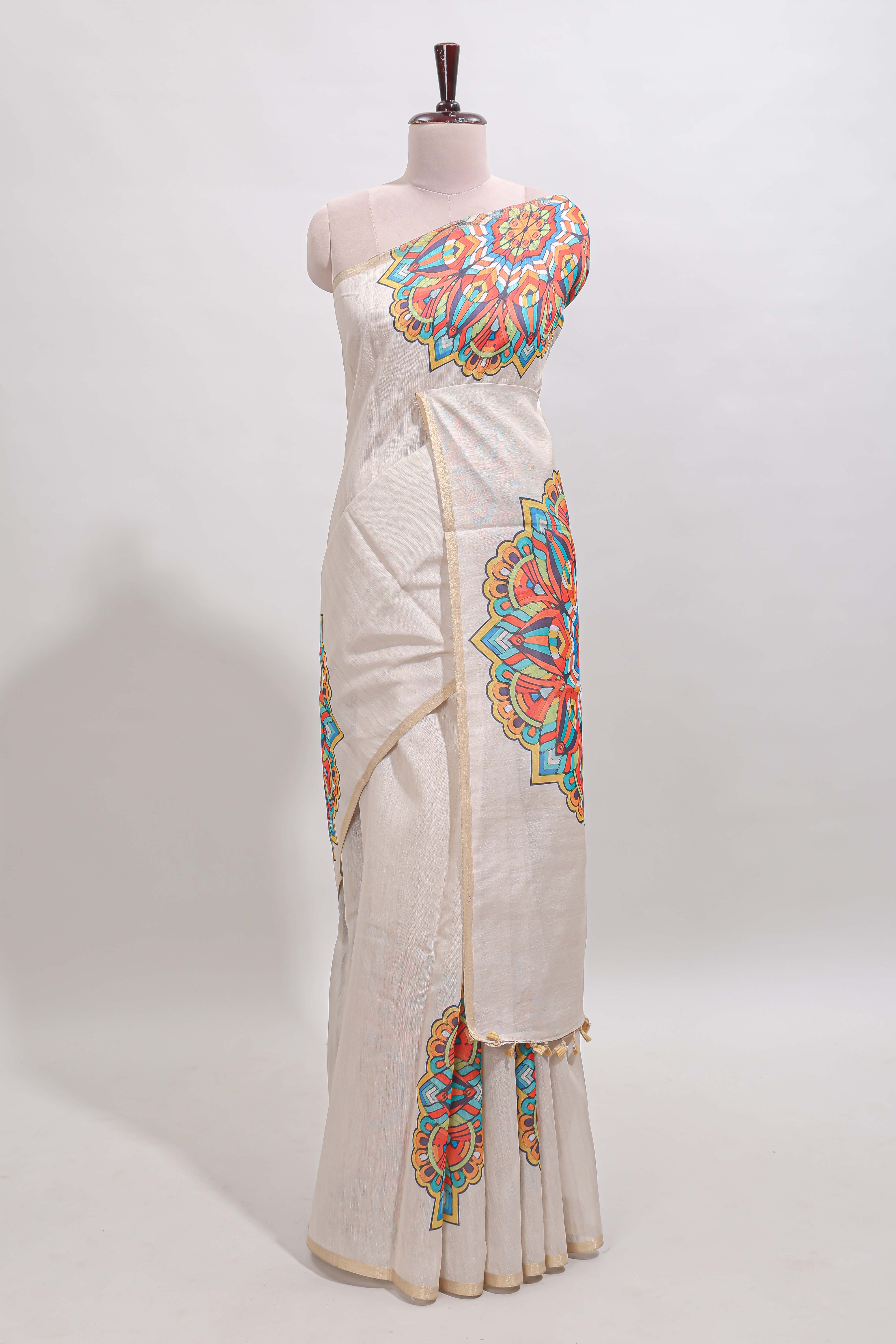 Cream mandala madhubani design linen cotton saree with self zari border and matching blouse