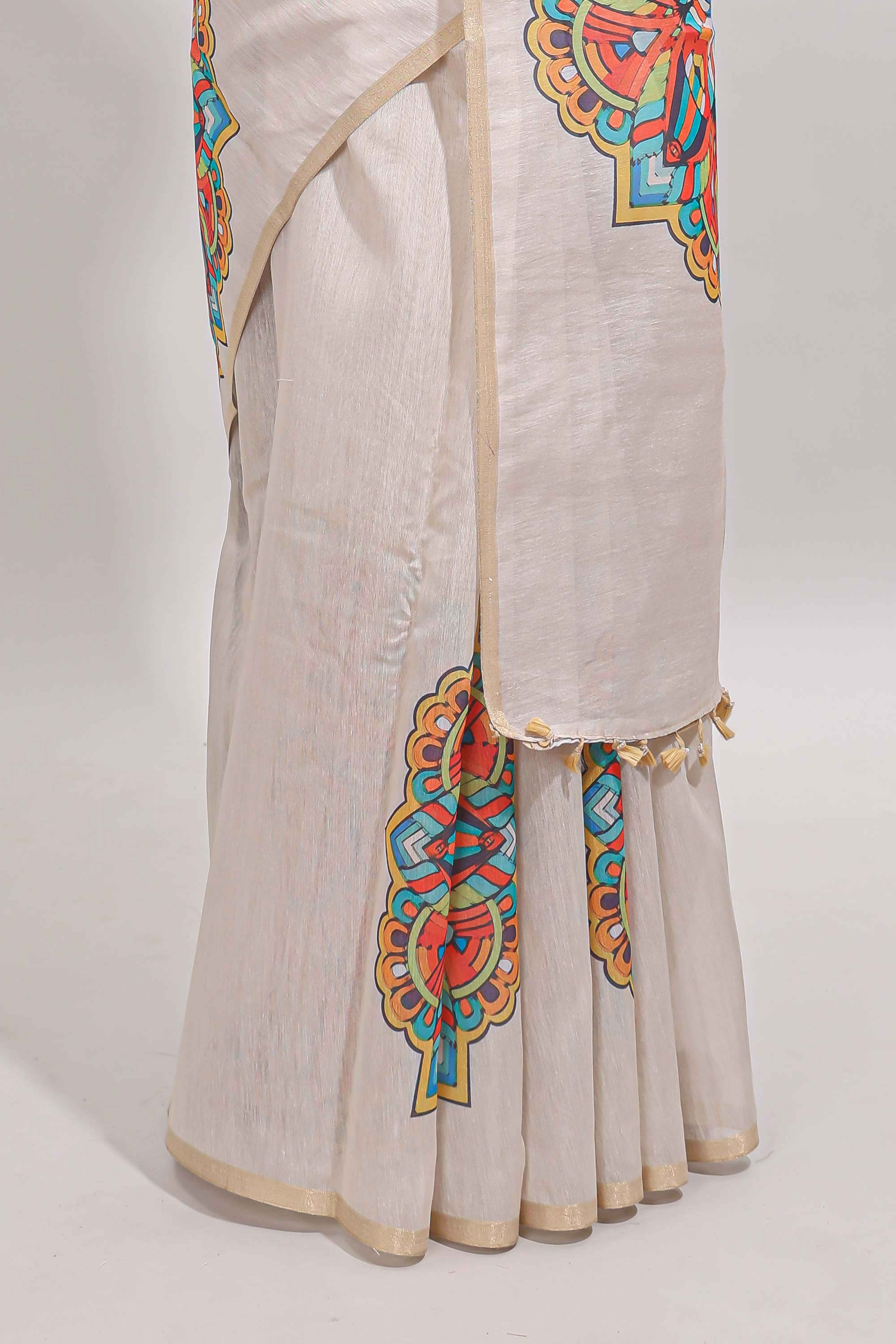 Cream mandala madhubani design linen cotton saree with self zari border and matching blouse