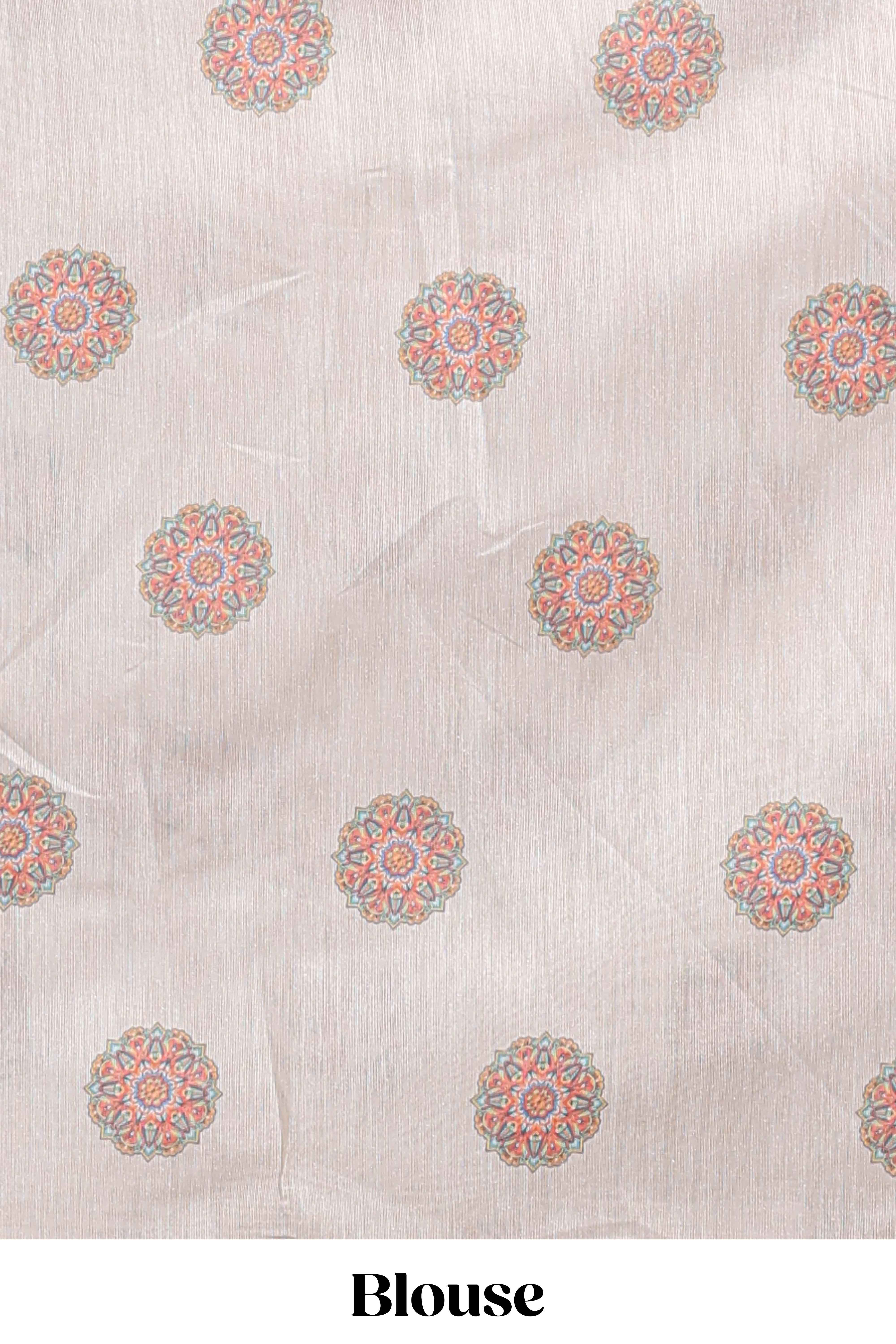 Cream mandala madhubani design linen cotton saree with self zari border and matching blouse