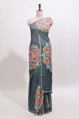 Green mandala madhubani design linen cotton saree with self zari border and matching blouse
