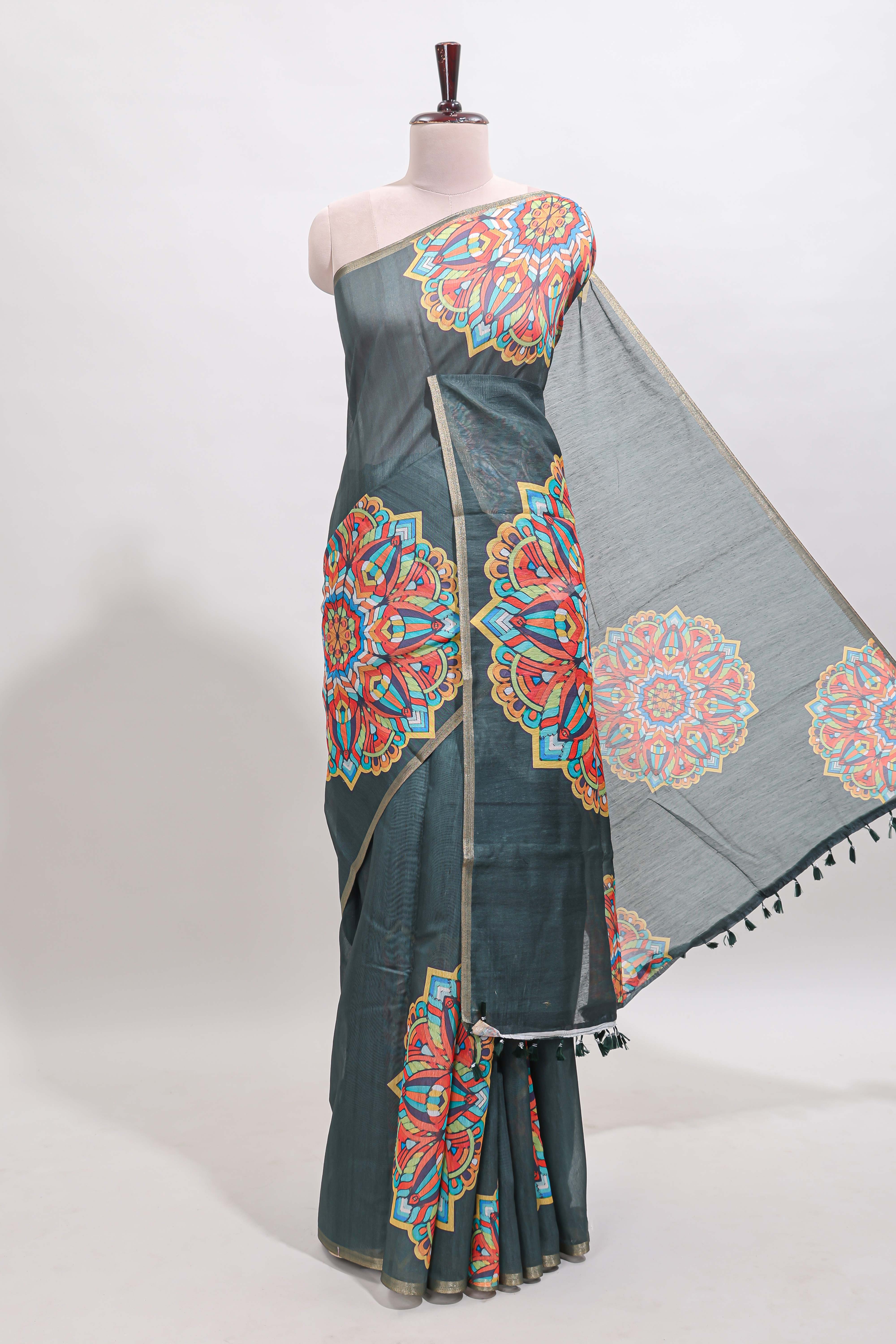 Green mandala madhubani design linen cotton saree with self zari border and matching blouse
