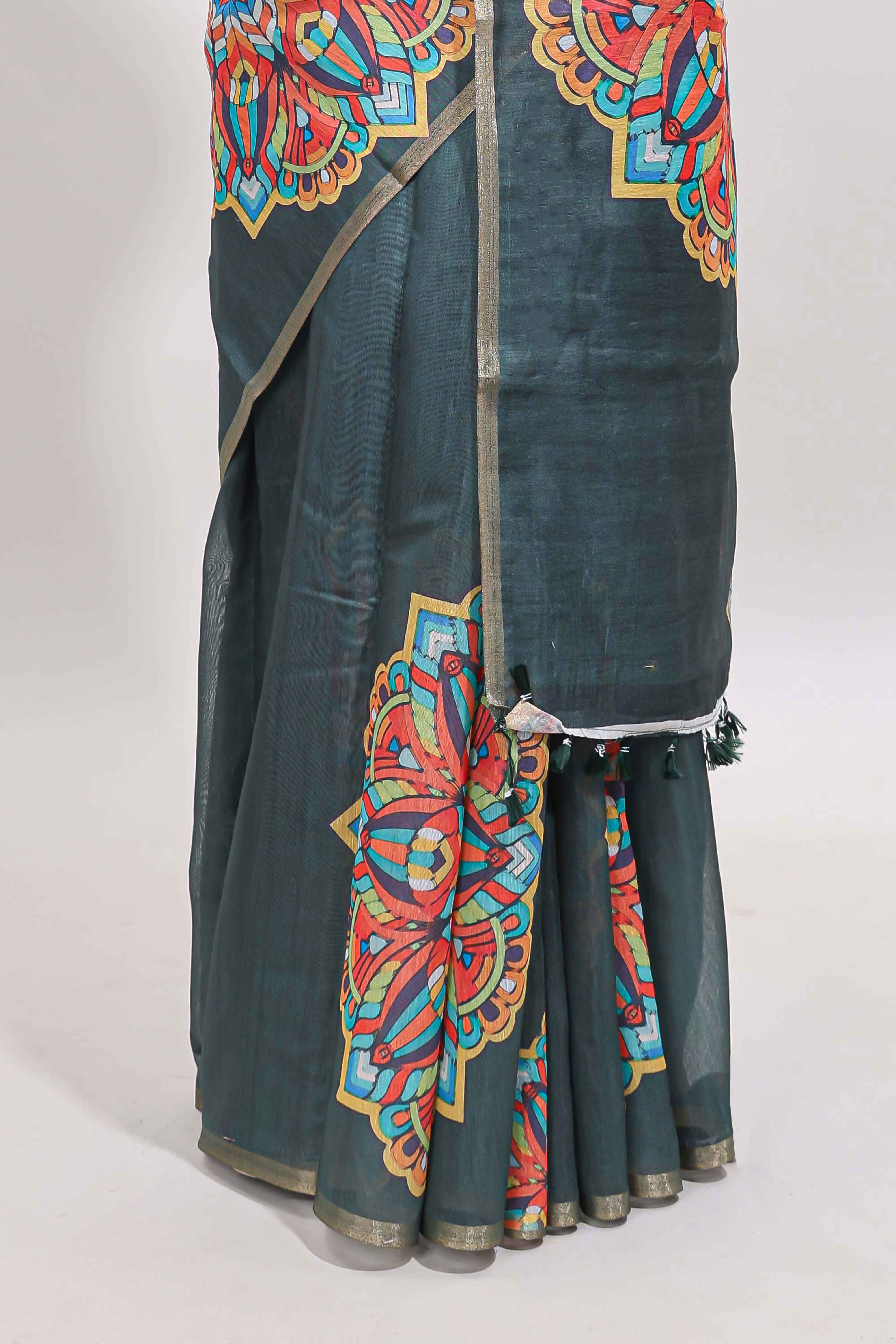 Green mandala madhubani design linen cotton saree with self zari border and matching blouse