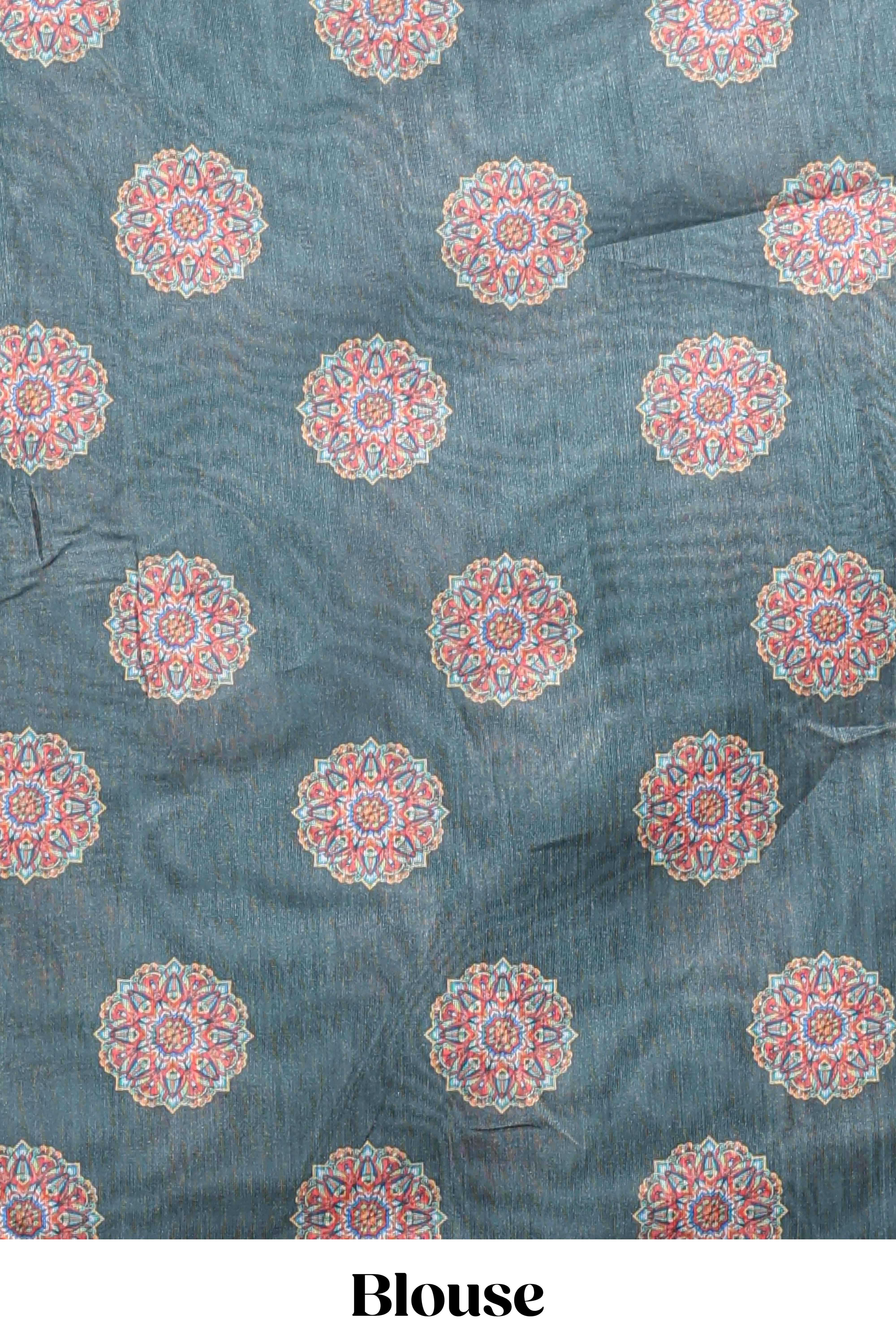 Green mandala madhubani design linen cotton saree with self zari border and matching blouse