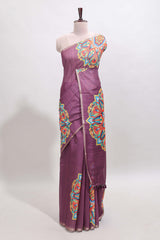 Purple mandala madhubani design linen cotton saree with self zari border and matching blouse