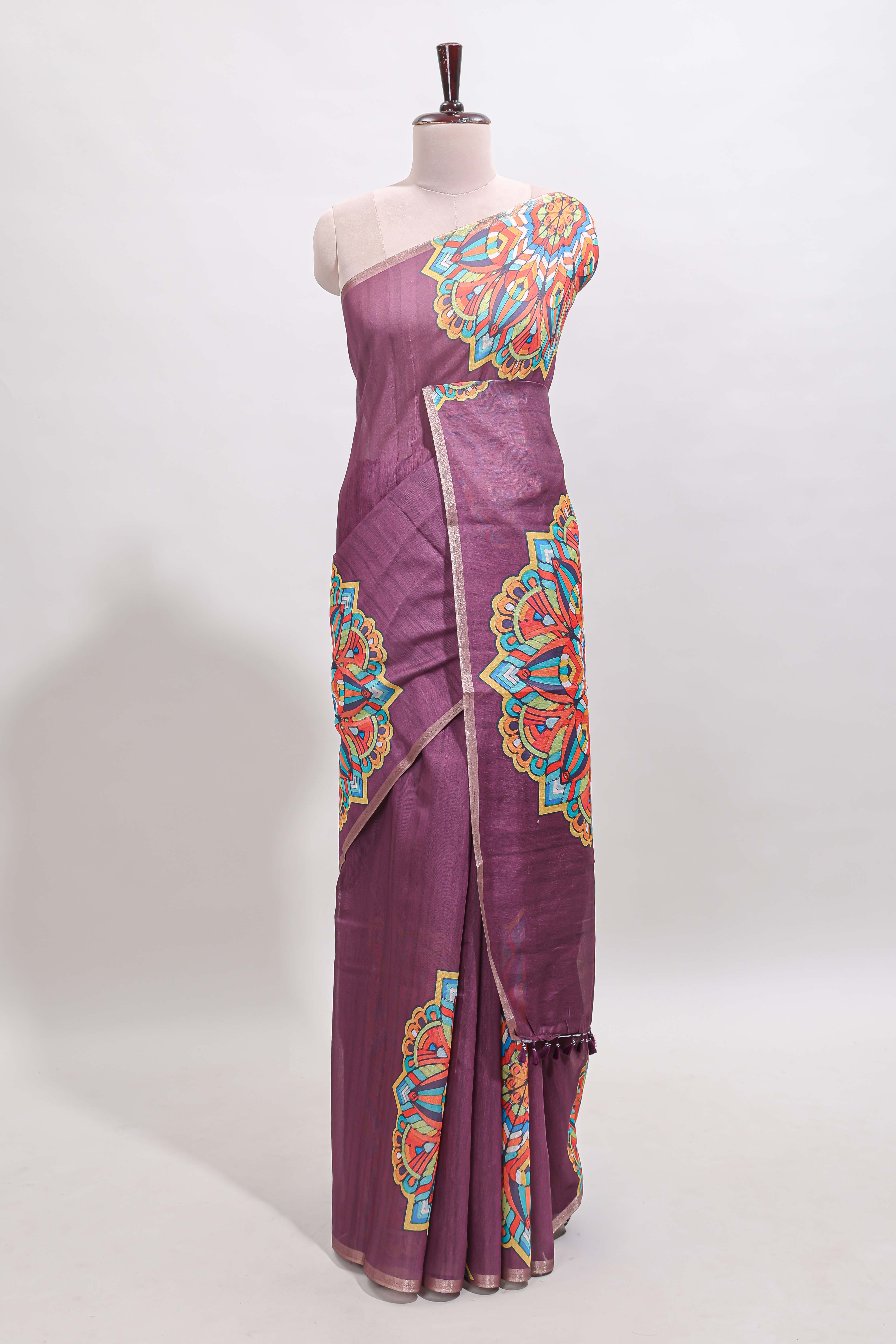 Purple mandala madhubani design linen cotton saree with self zari border and matching blouse