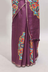 Purple mandala madhubani design linen cotton saree with self zari border and matching blouse