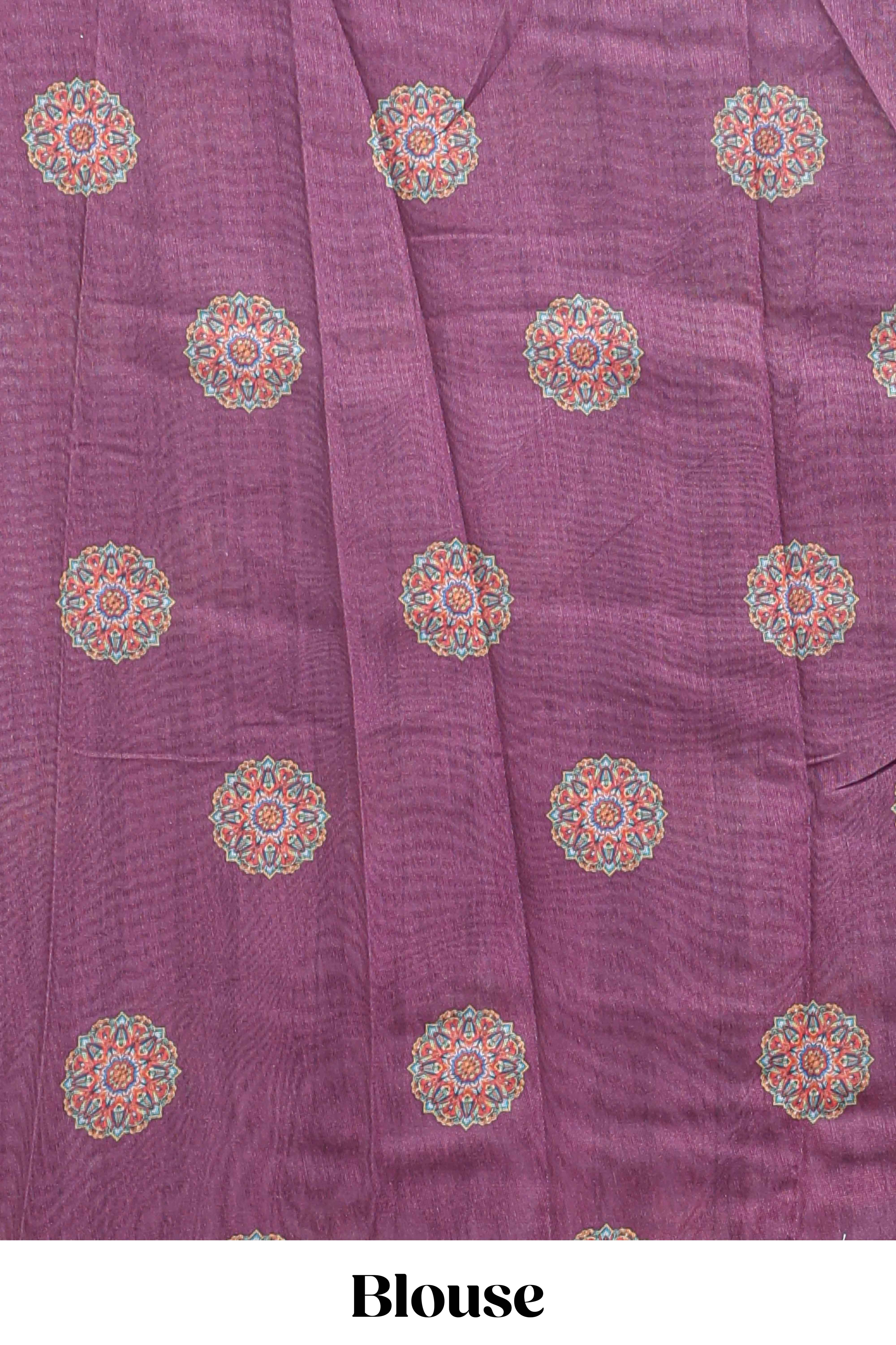 Purple mandala madhubani design linen cotton saree with self zari border and matching blouse
