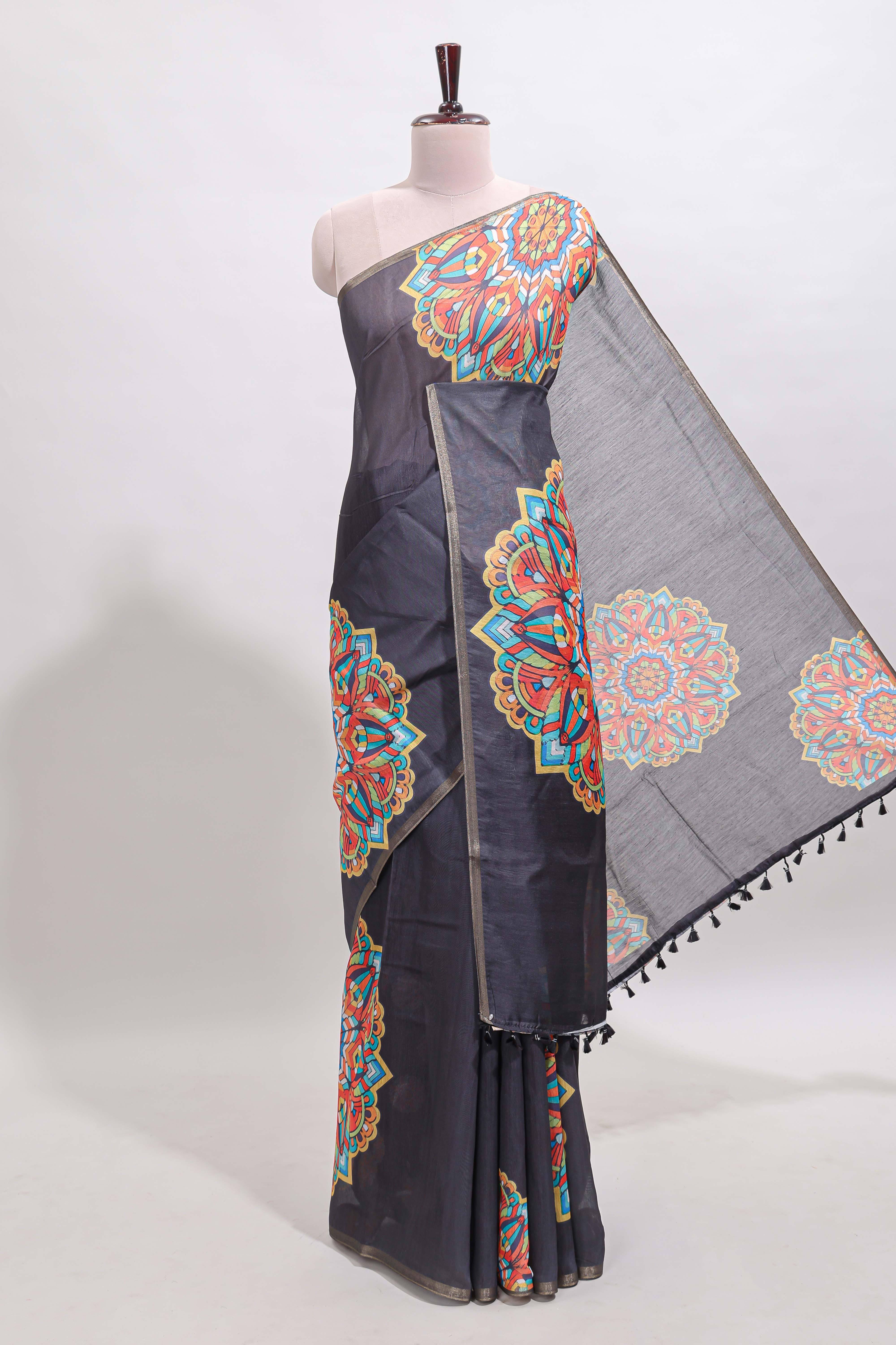 Black mandala madhubani design linen cotton saree with self zari border and matching blouse