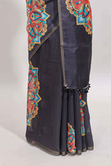 Black mandala madhubani design linen cotton saree with self zari border and matching blouse