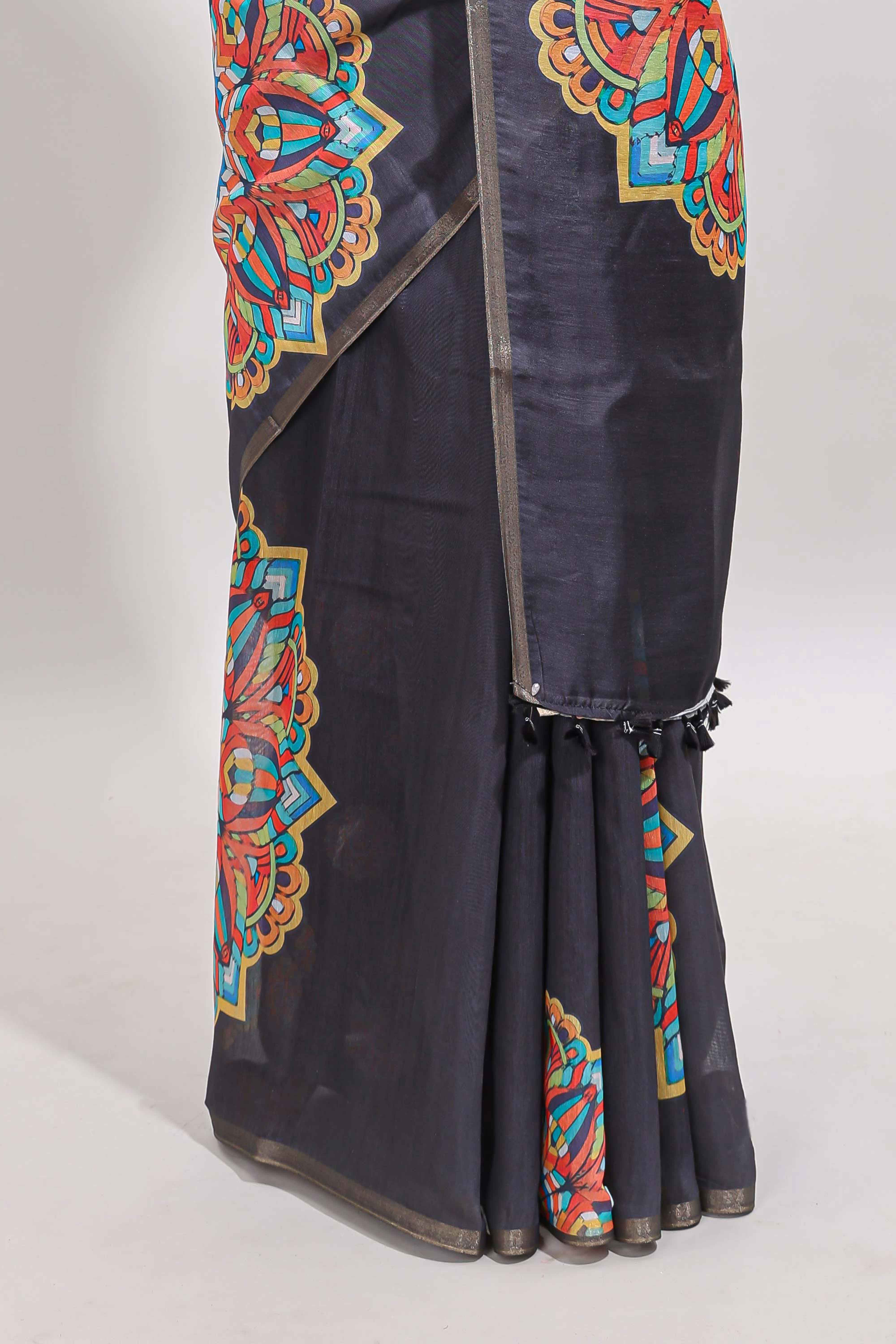 Black mandala madhubani design linen cotton saree with self zari border and matching blouse