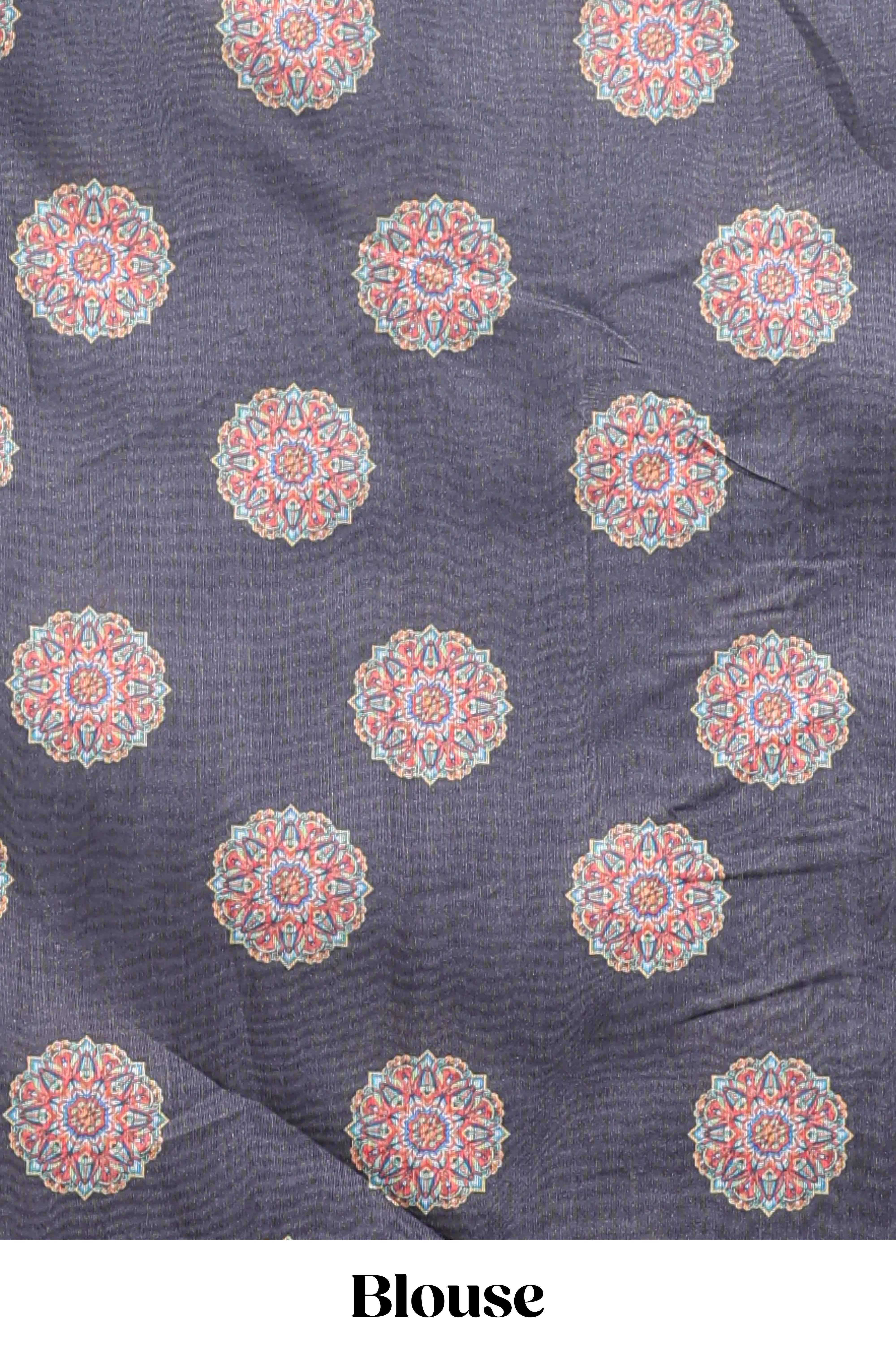 Black mandala madhubani design linen cotton saree with self zari border and matching blouse