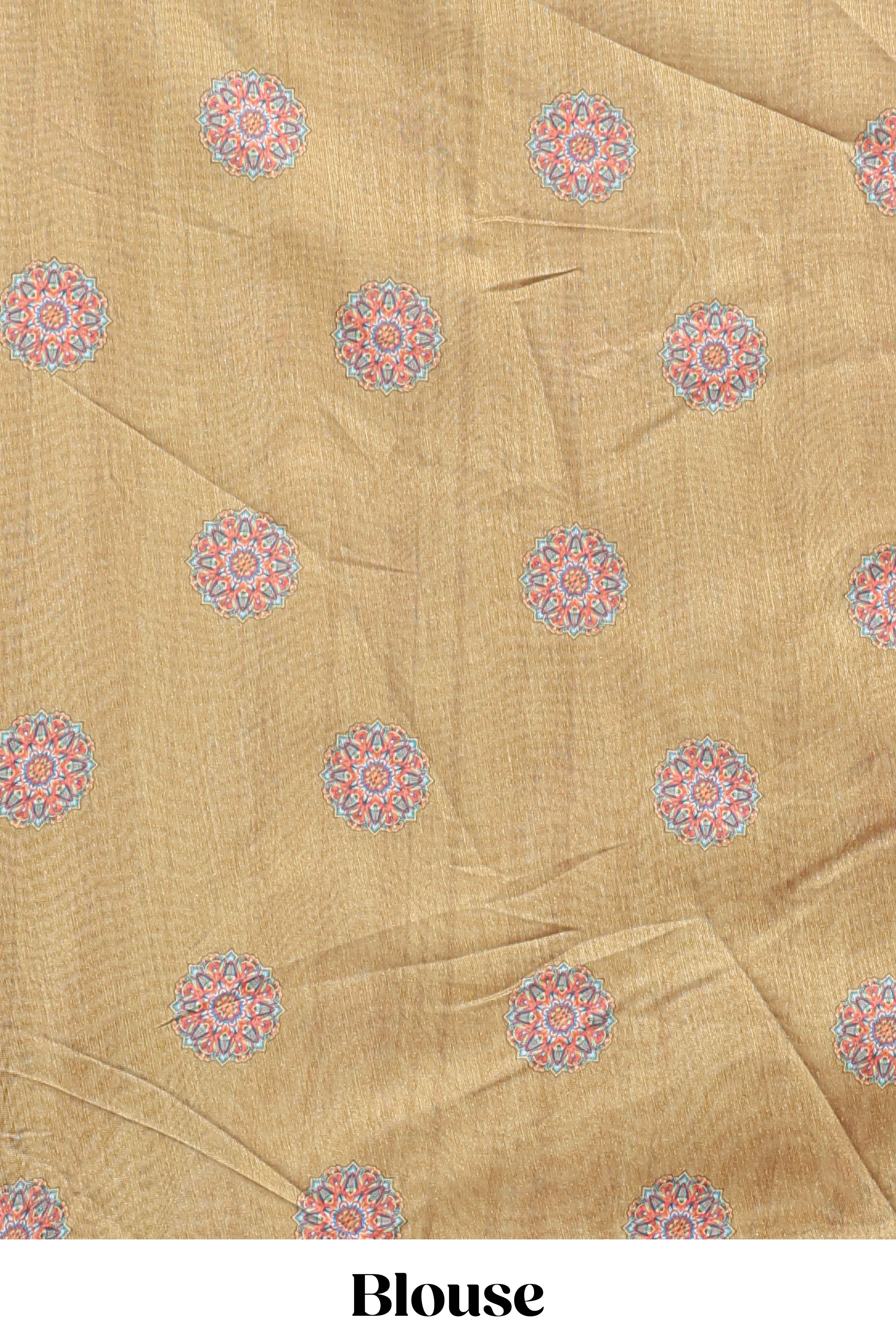 Mustard mandala madhubani design linen cotton saree with self zari border and matching blouse