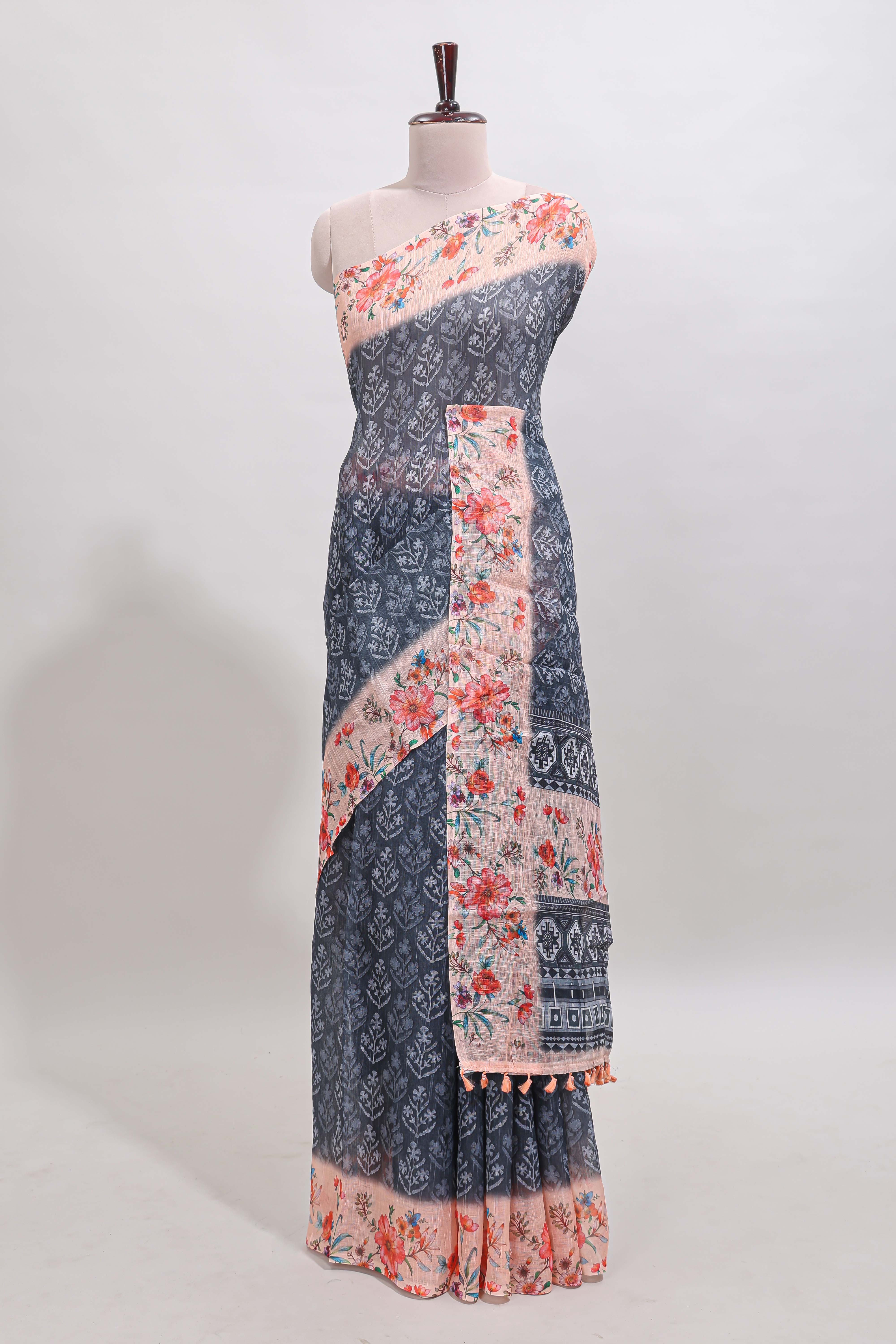 Dark grey floral design linen cotton saree with contrast floral design border and matching blouse