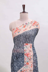 Dark grey floral design linen cotton saree with contrast floral design border and matching blouse