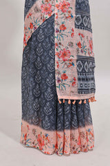 Dark grey floral design linen cotton saree with contrast floral design border and matching blouse