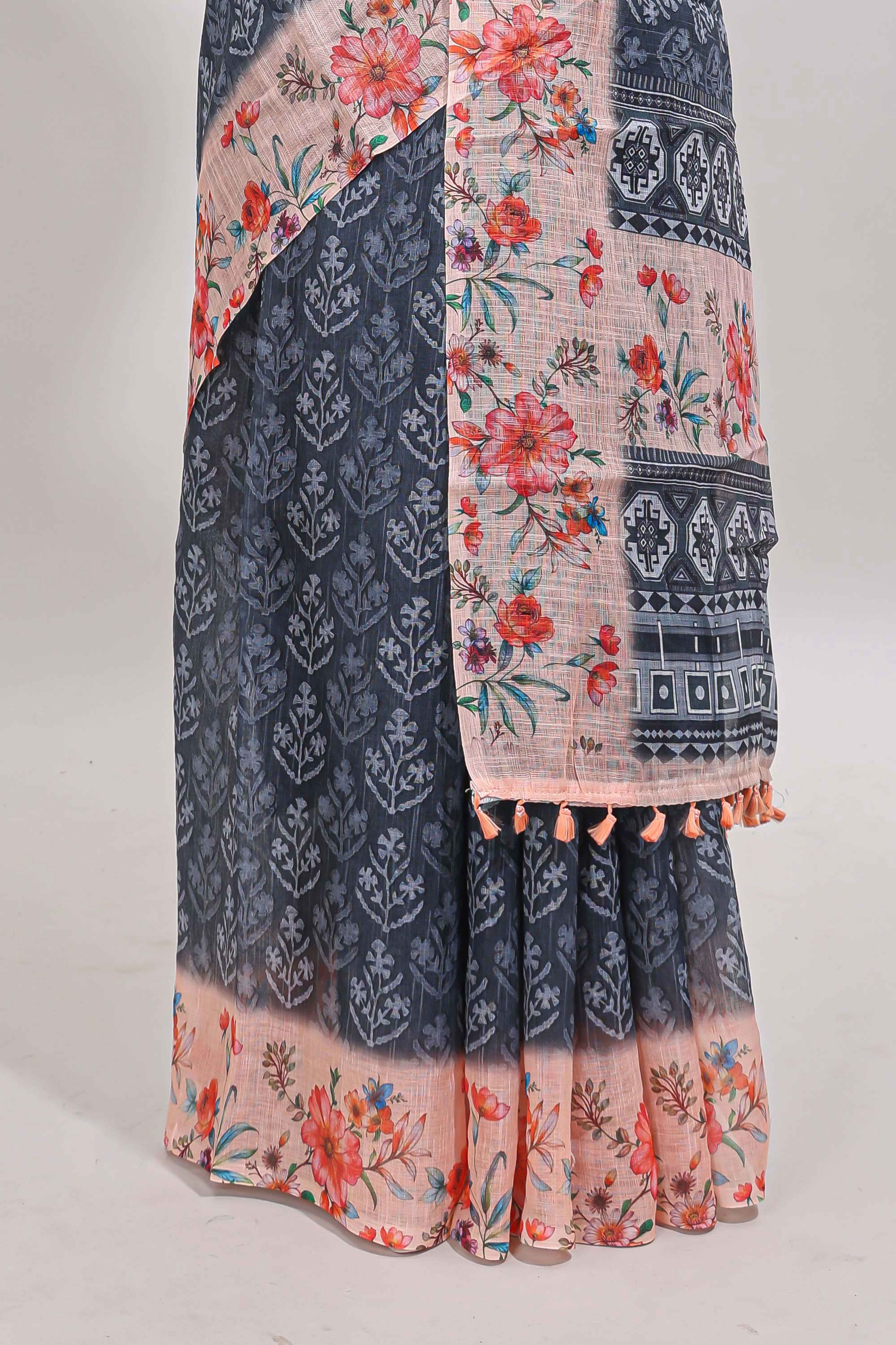 Dark grey floral design linen cotton saree with contrast floral design border and matching blouse