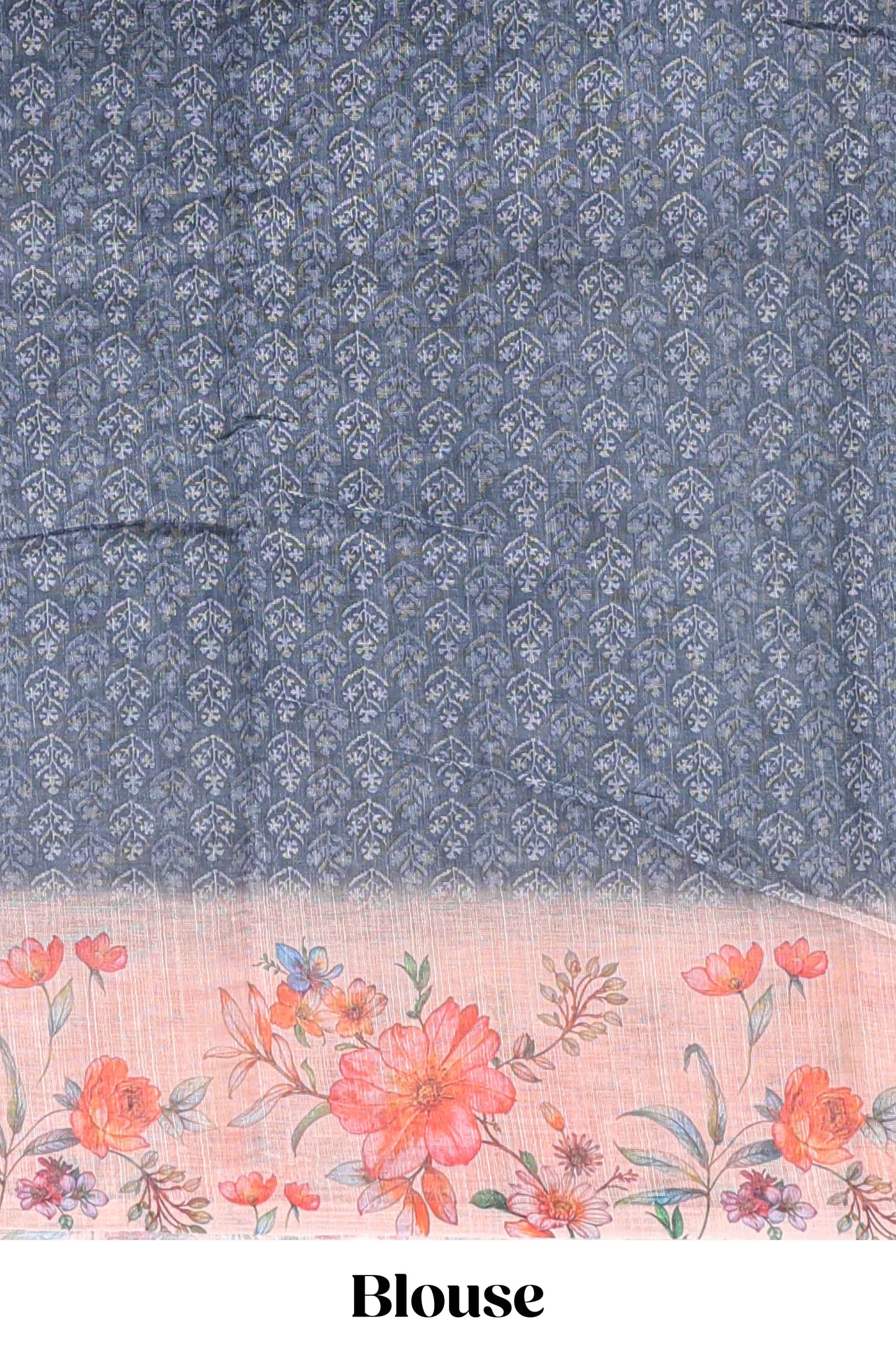 Dark grey floral design linen cotton saree with contrast floral design border and matching blouse